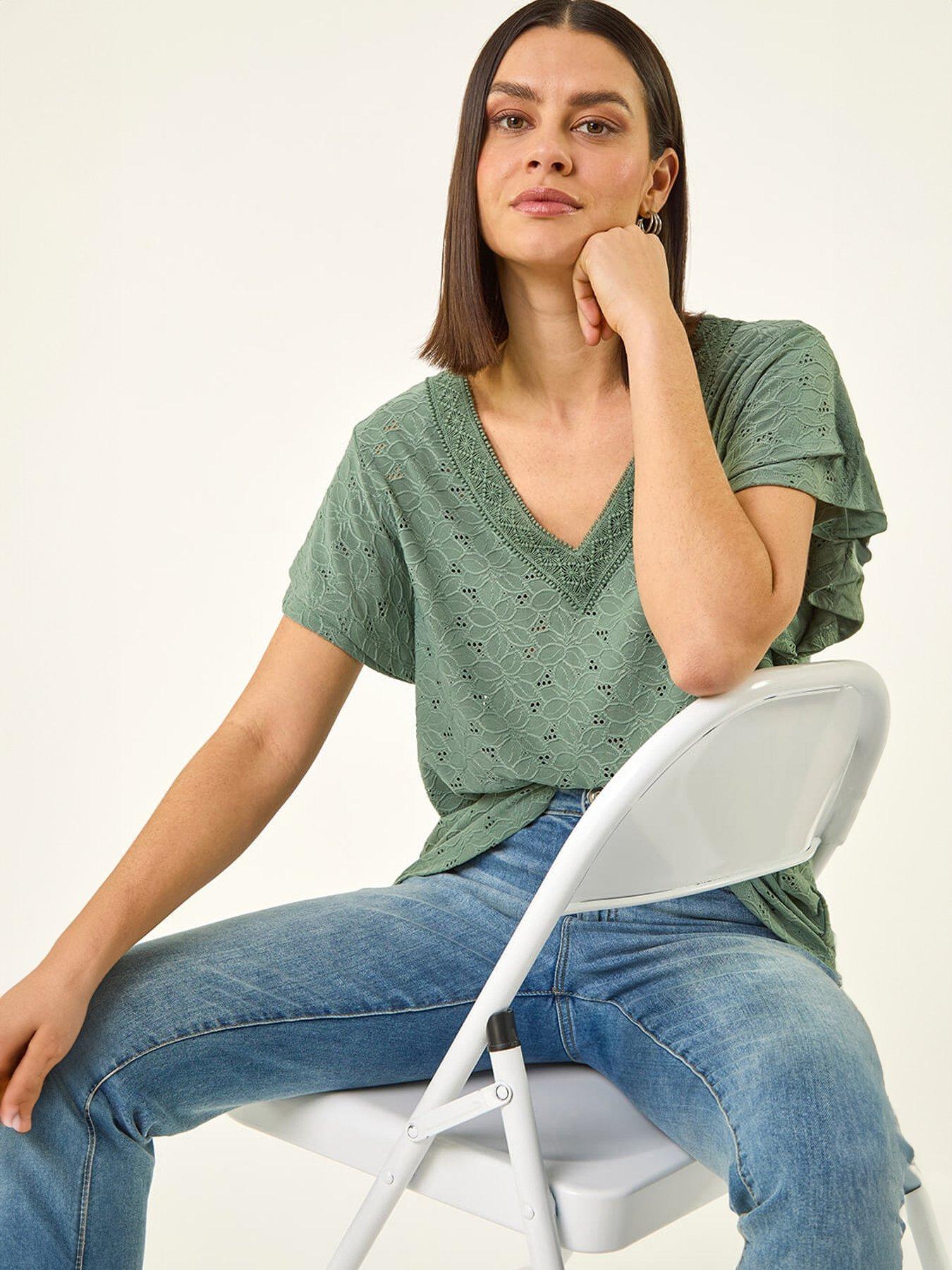Image 4 of 5 of Roman Broderie Detail V-neck Stretch Top