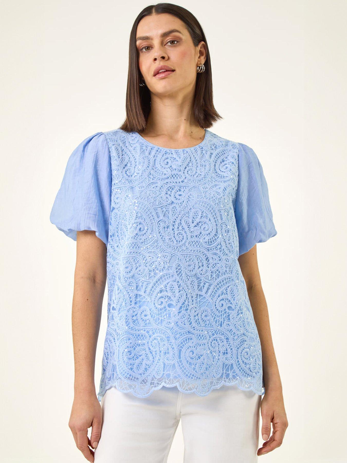 front image of roman-panelled-lace-puff-sleeve-top