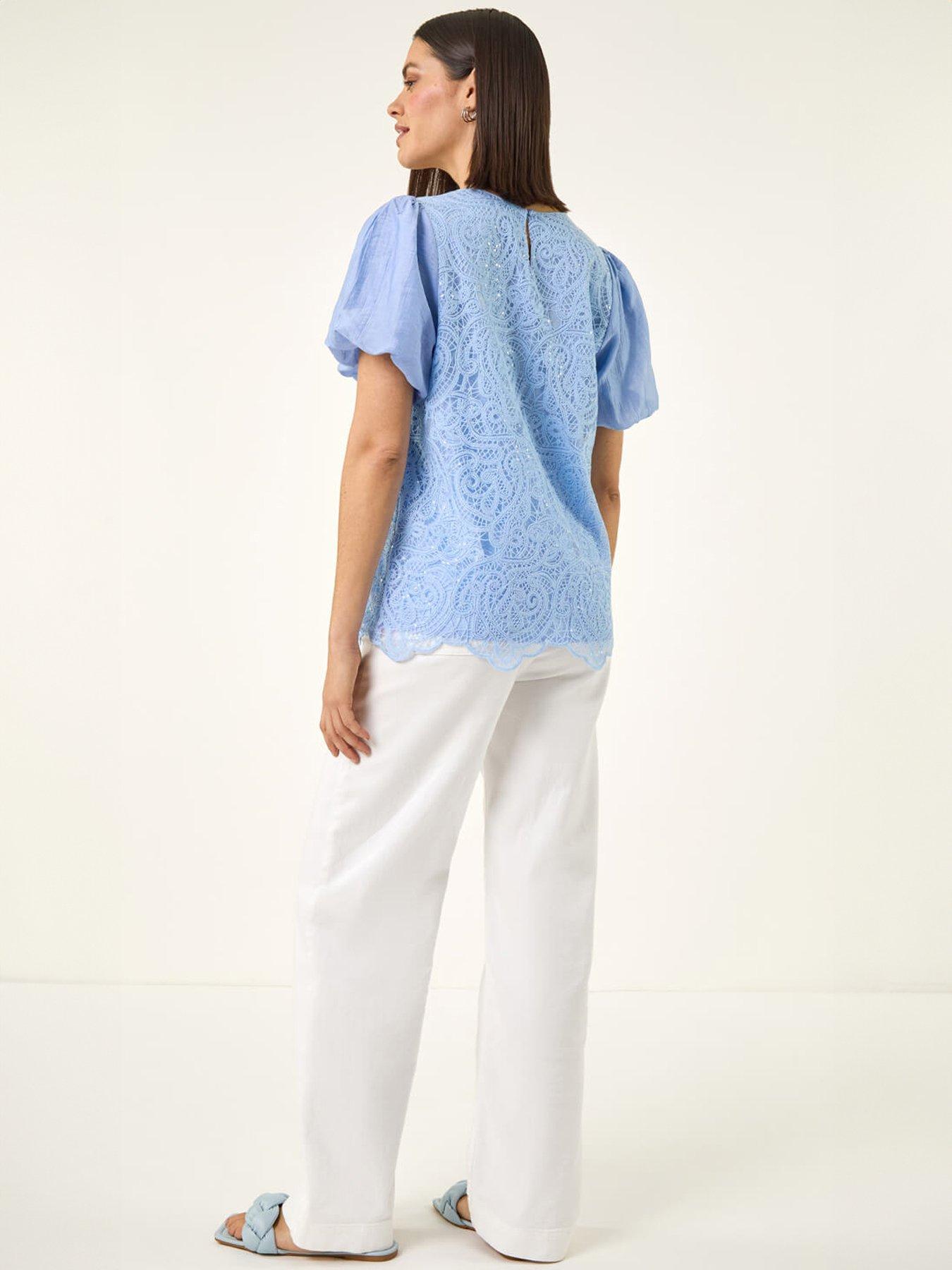 image of roman-panelled-lace-puff-sleeve-top