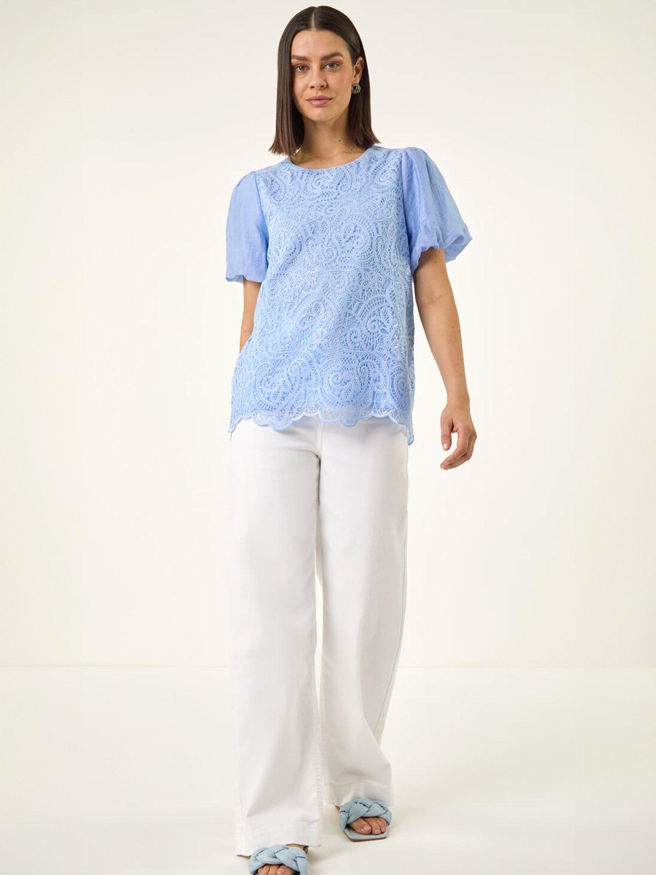  image of roman-panelled-lace-puff-sleeve-top