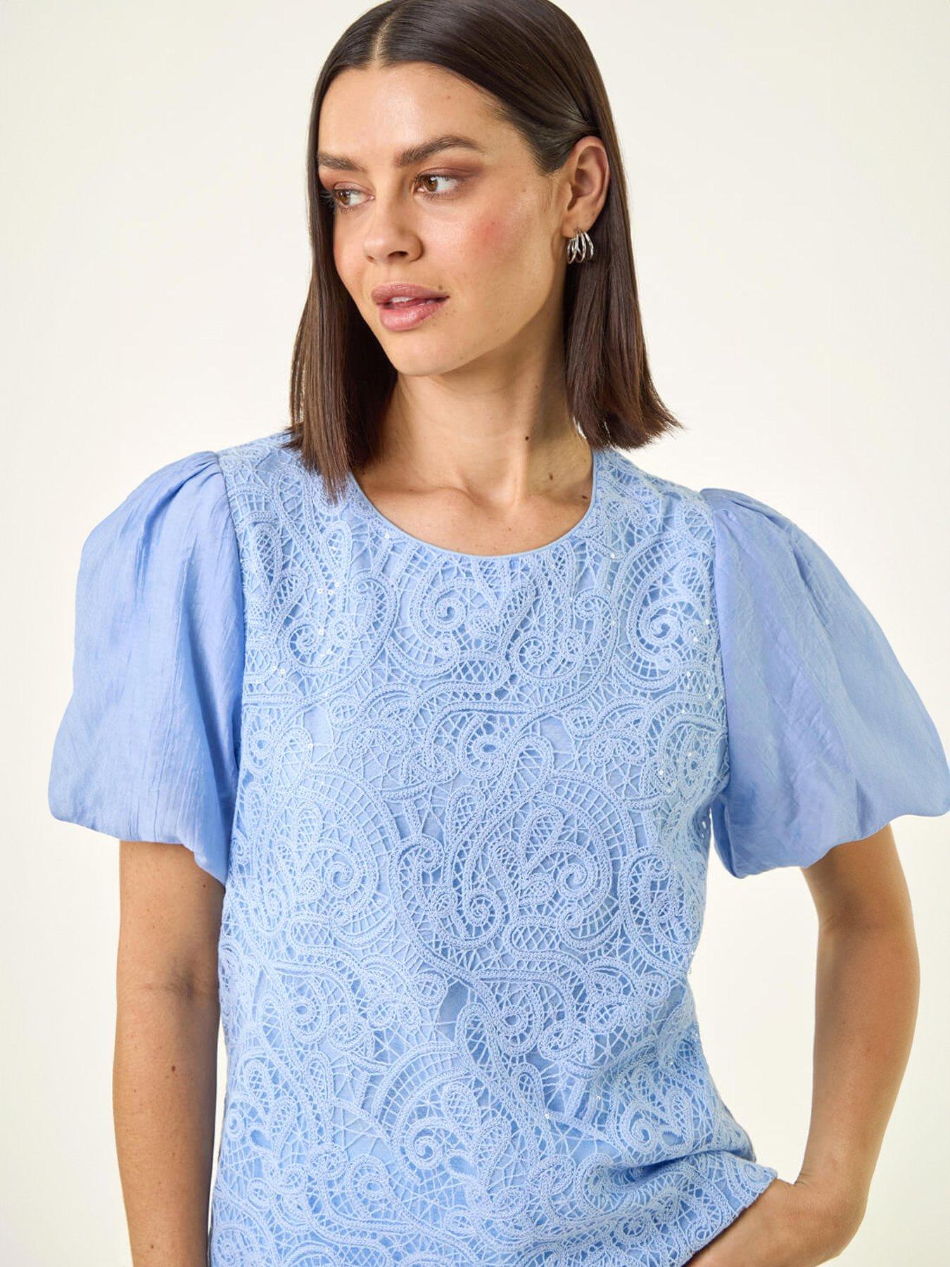  image of roman-panelled-lace-puff-sleeve-top