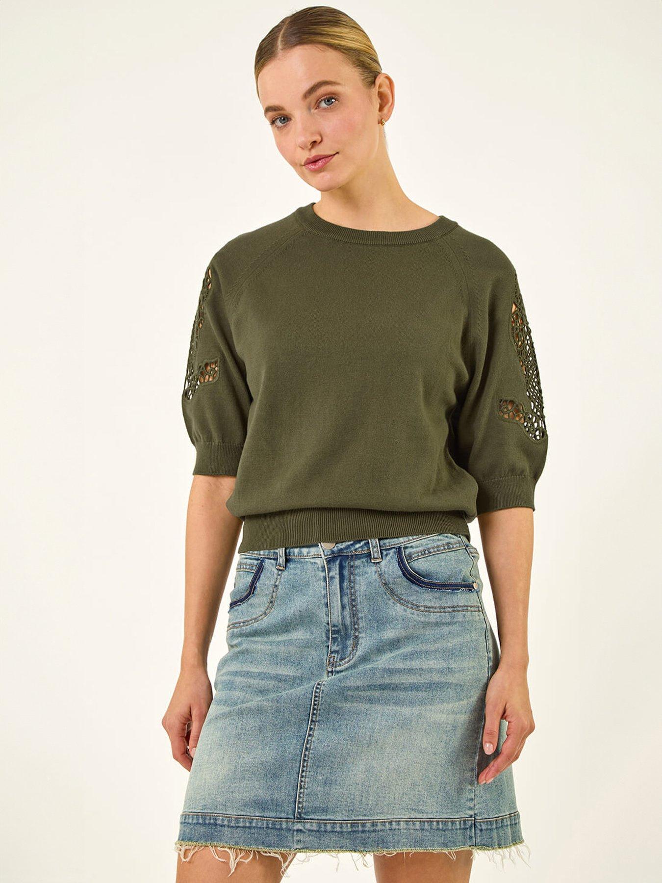 image of roman-dusk-crochet-sleeve-knit-top