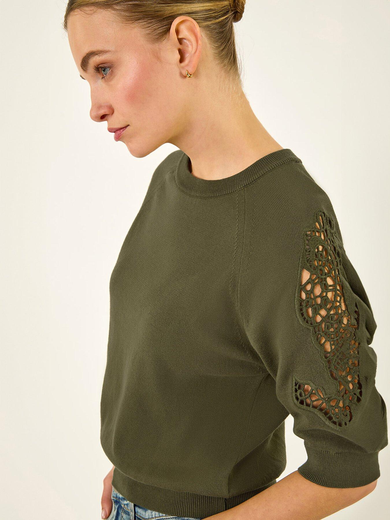  image of roman-dusk-crochet-sleeve-knit-top