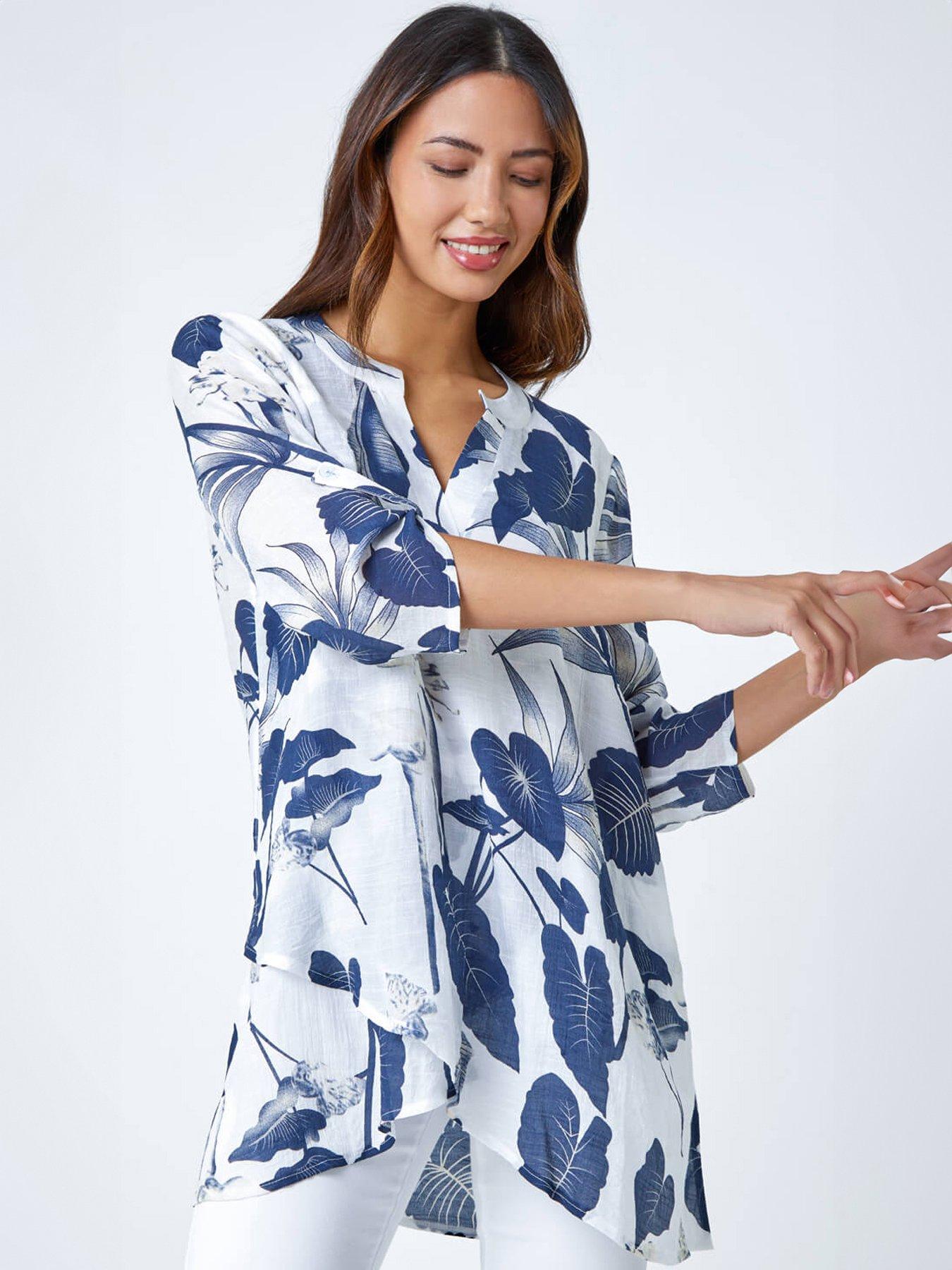 Image 1 of 5 of Roman Palm Print Wrap Hem Tunic Top
