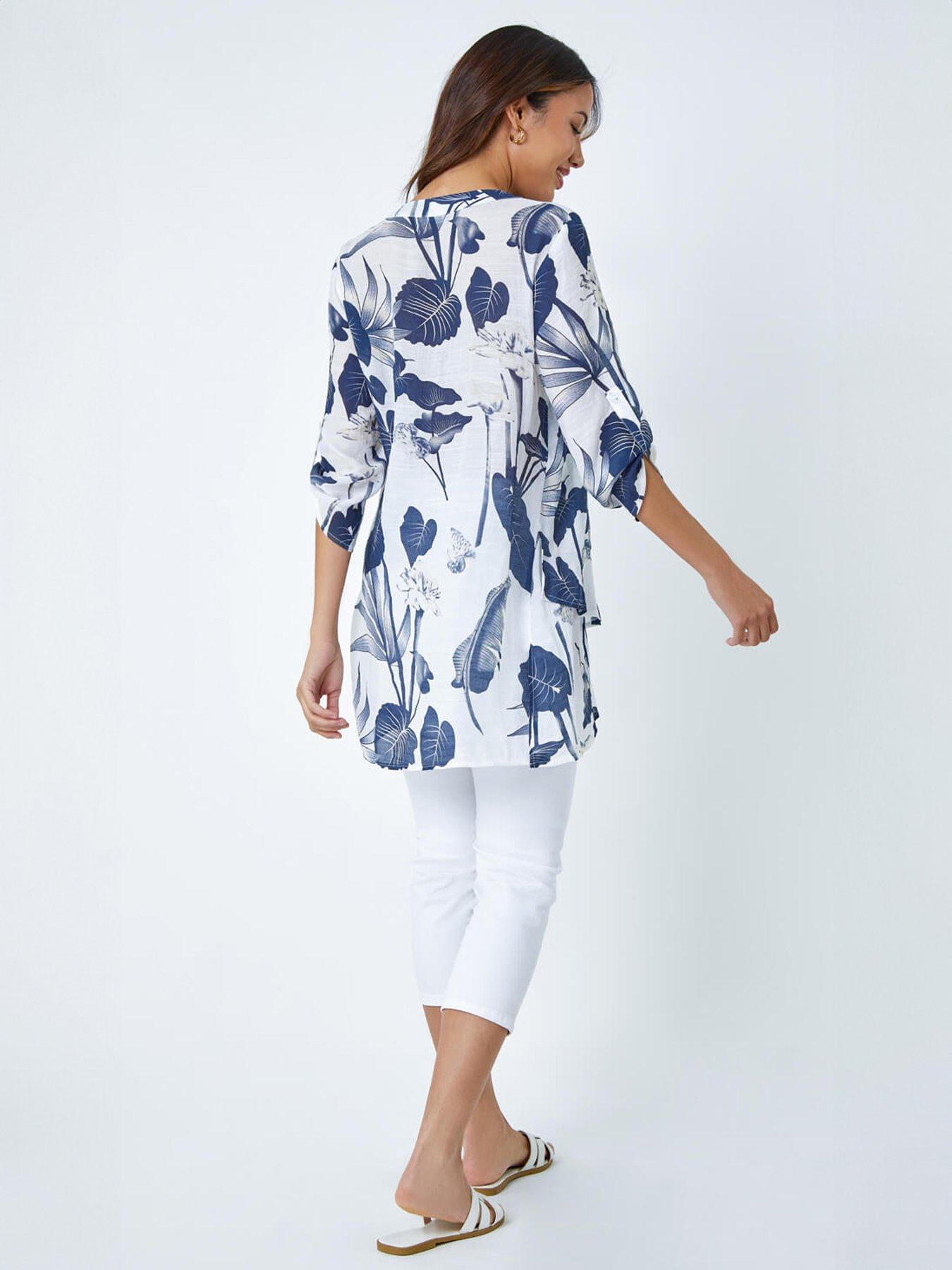 Image 2 of 5 of Roman Palm Print Wrap Hem Tunic Top