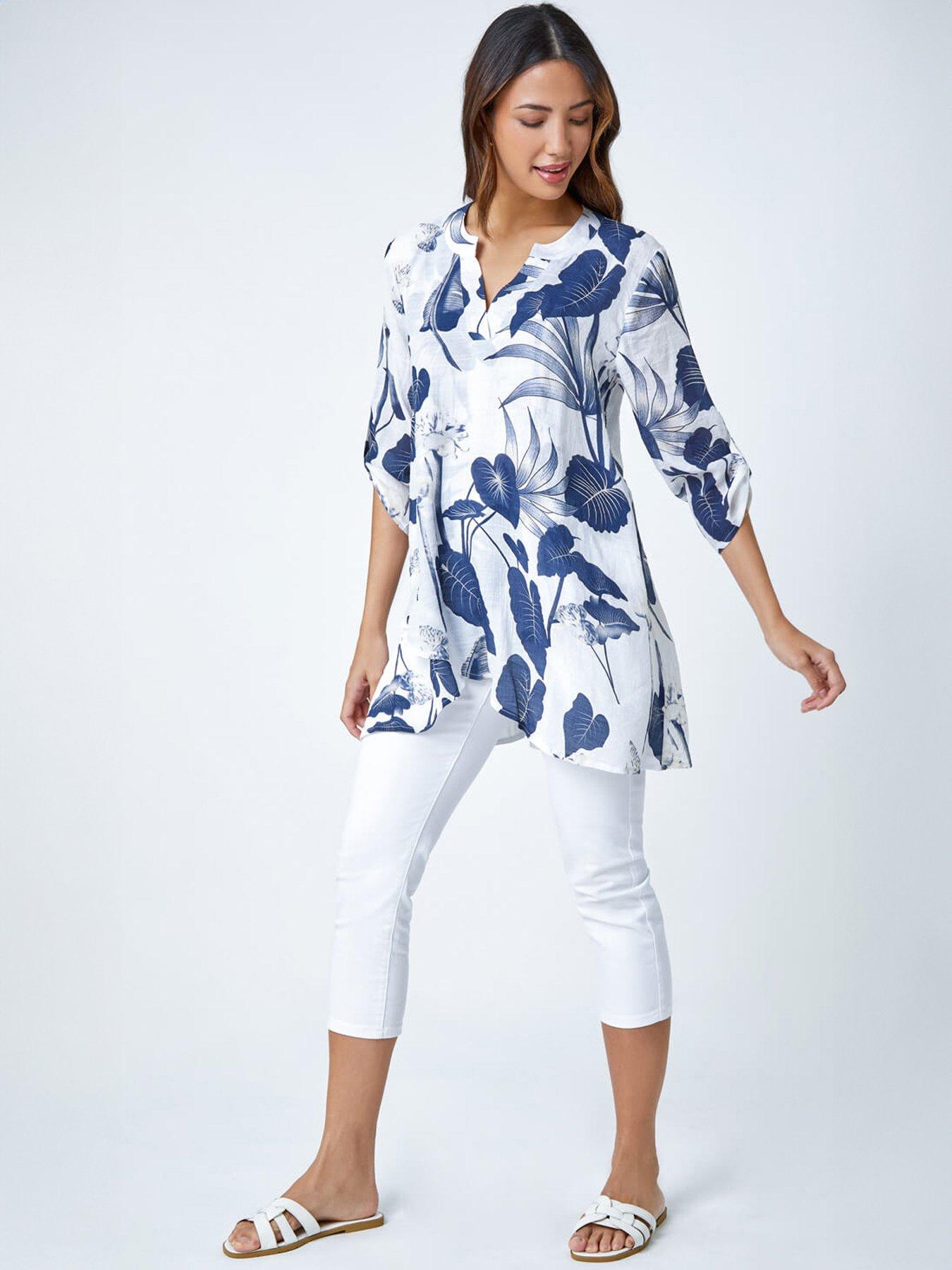 Image 3 of 5 of Roman Palm Print Wrap Hem Tunic Top