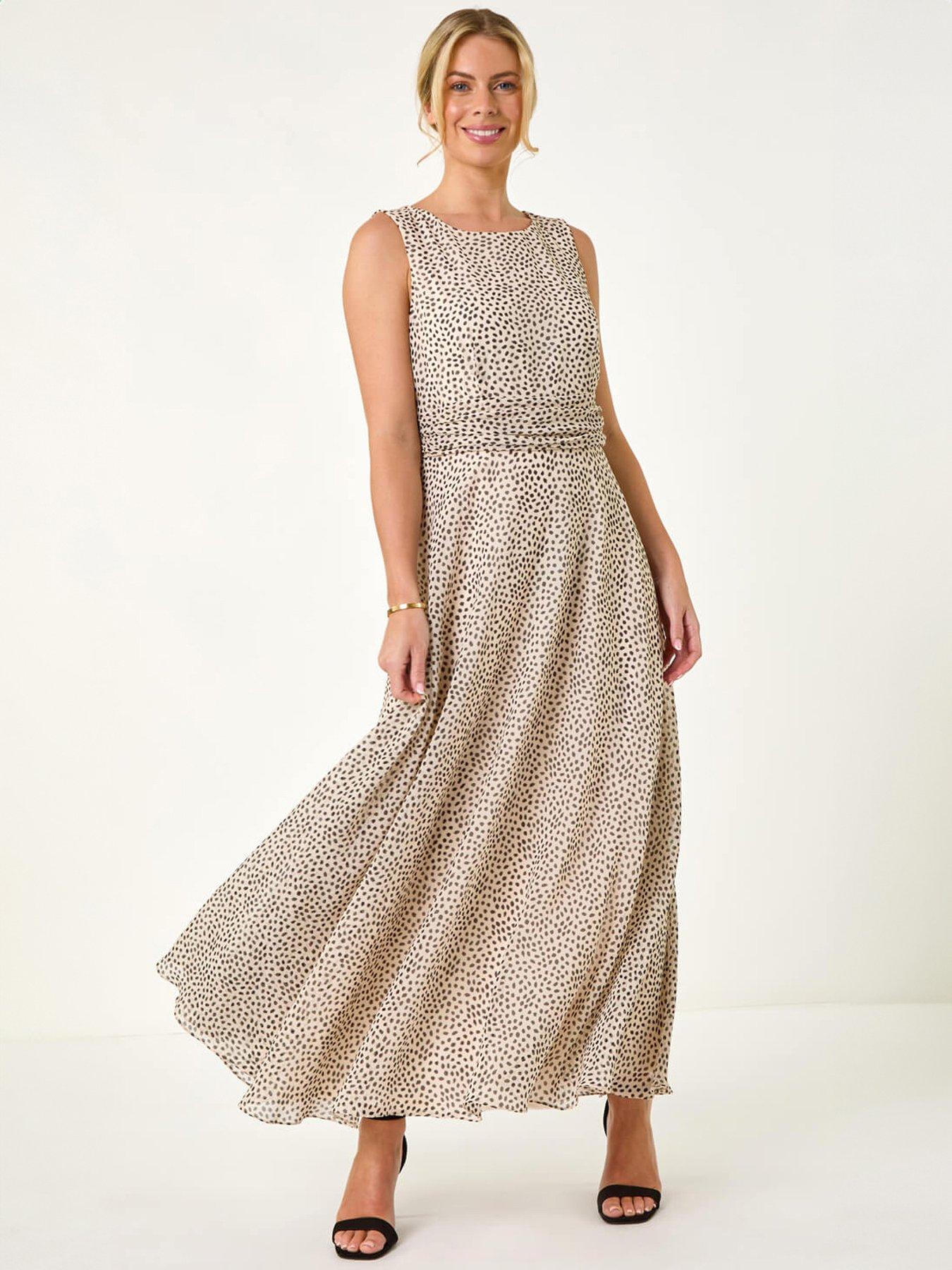 Roman Petite Spot Print Ruched Waist Midi Dress - IVORY