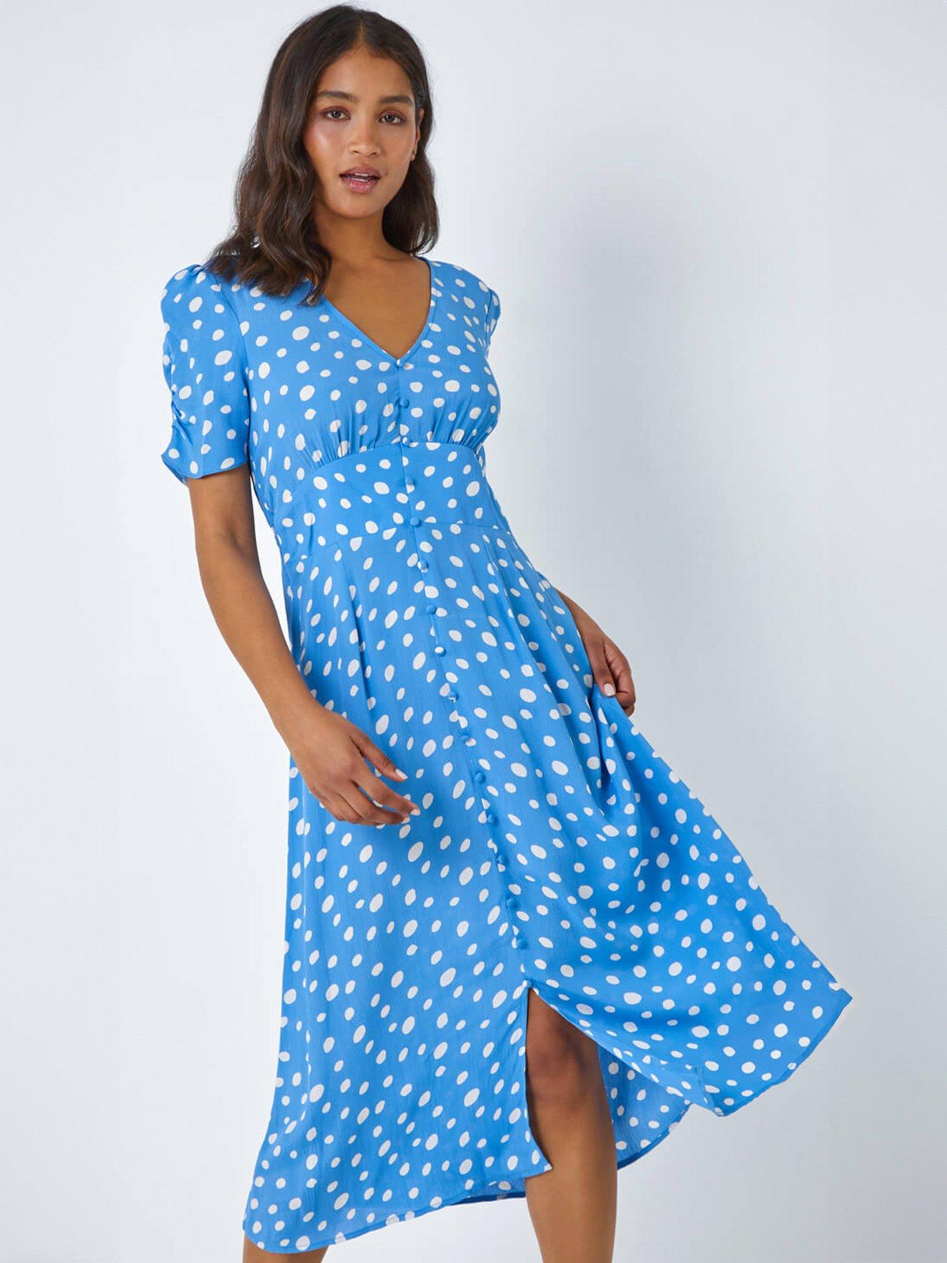 Roman Polka Dot Ruched Sleeve Midi Dress