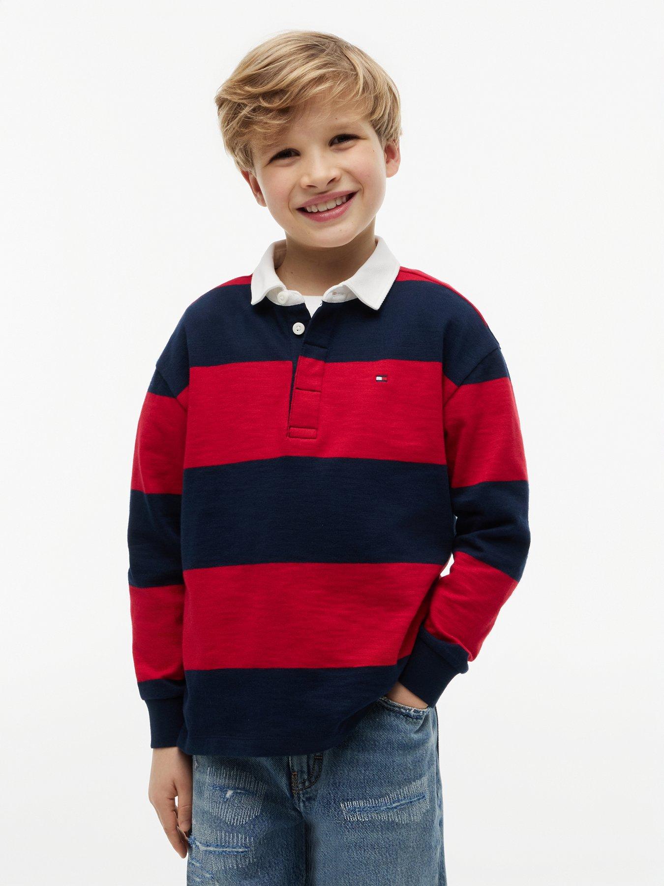 Image 1 of 7 of Tommy Hilfiger Regular Fit Stripe Long Sleeve Polo Shirt - Primary Red Stripe