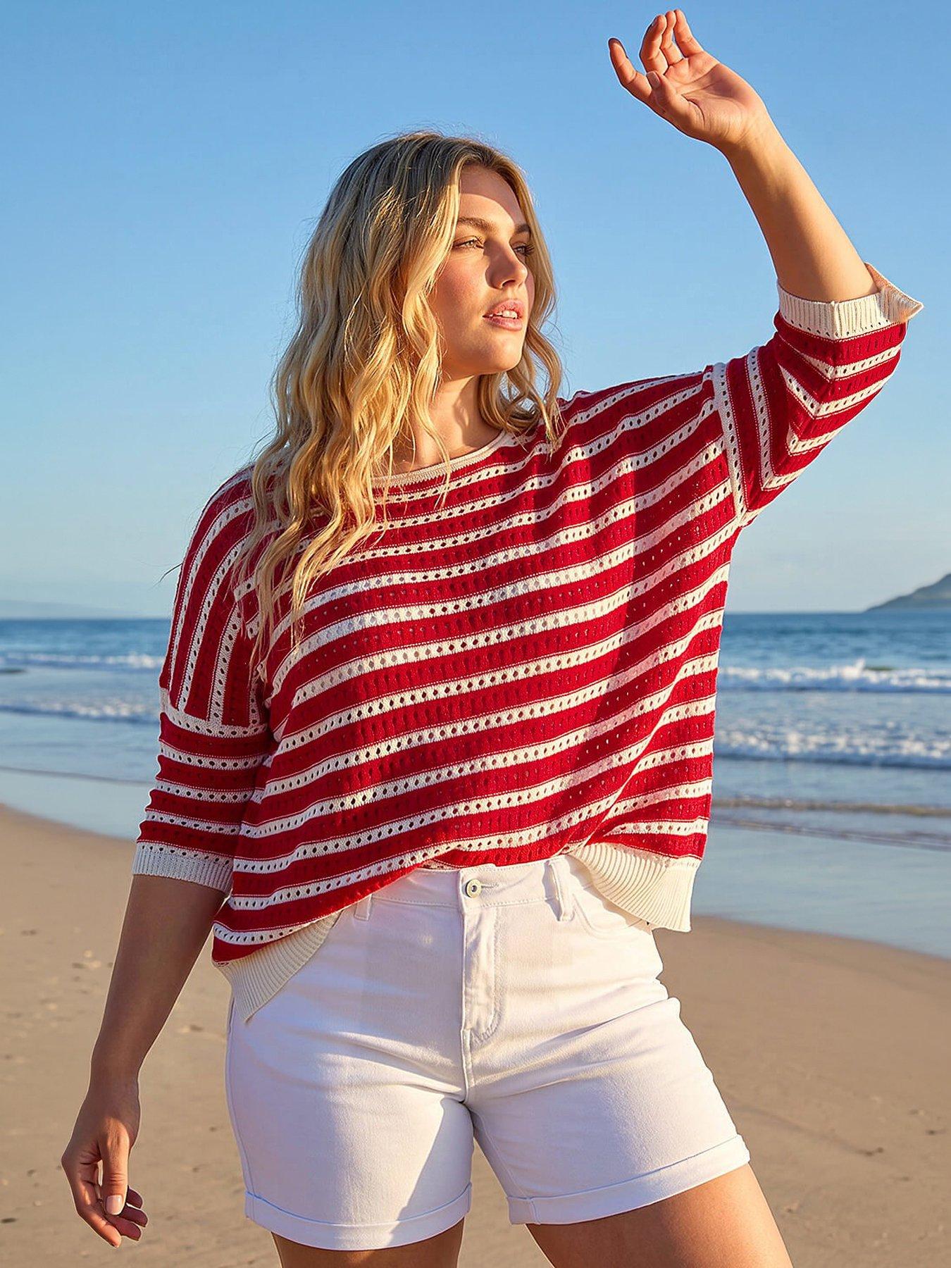 Roman Curve Crochet Stripe Knit Top
