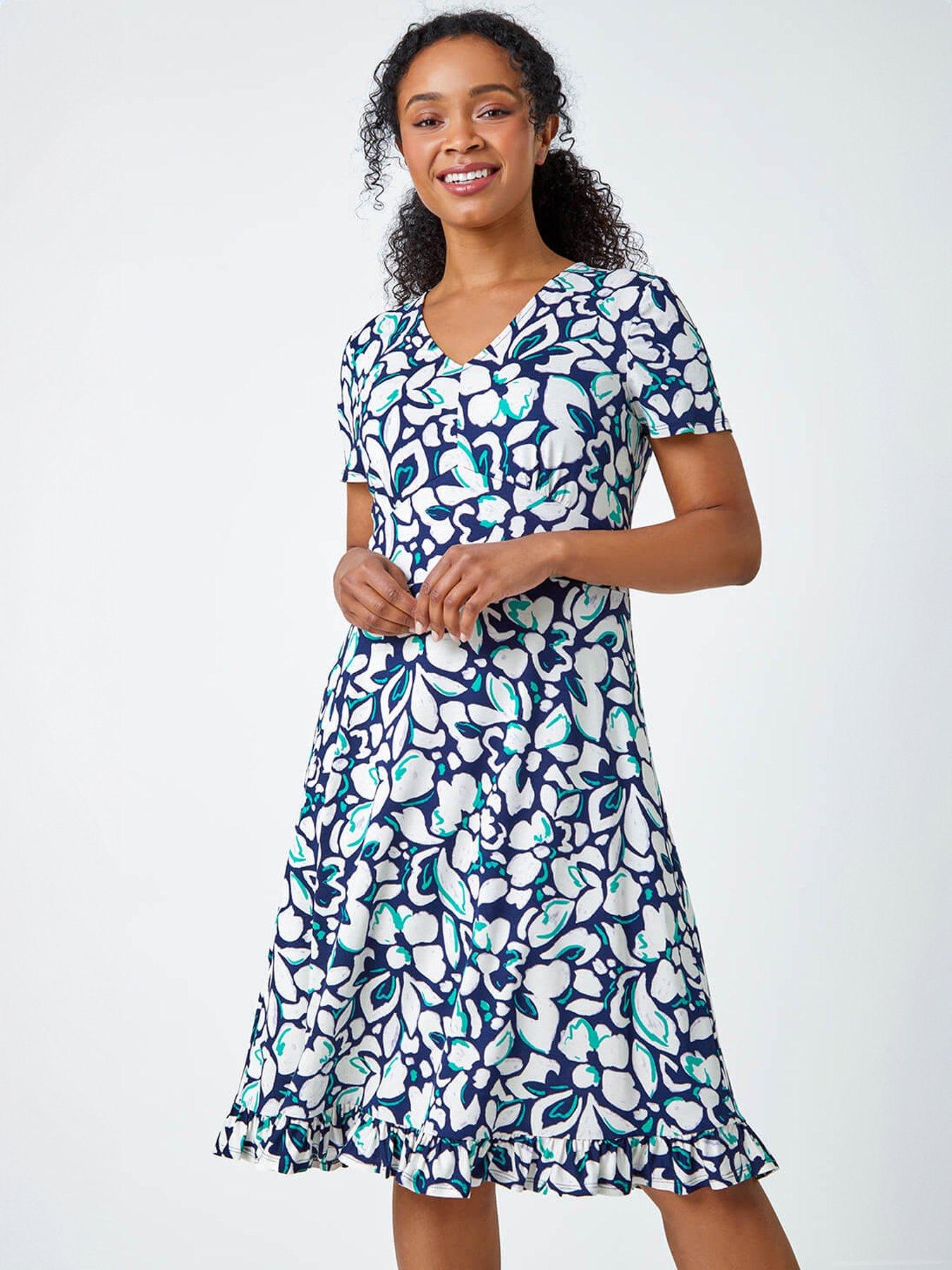 Image 1 of 5 of Roman Petite Floral Frill Hem Stretch Dress