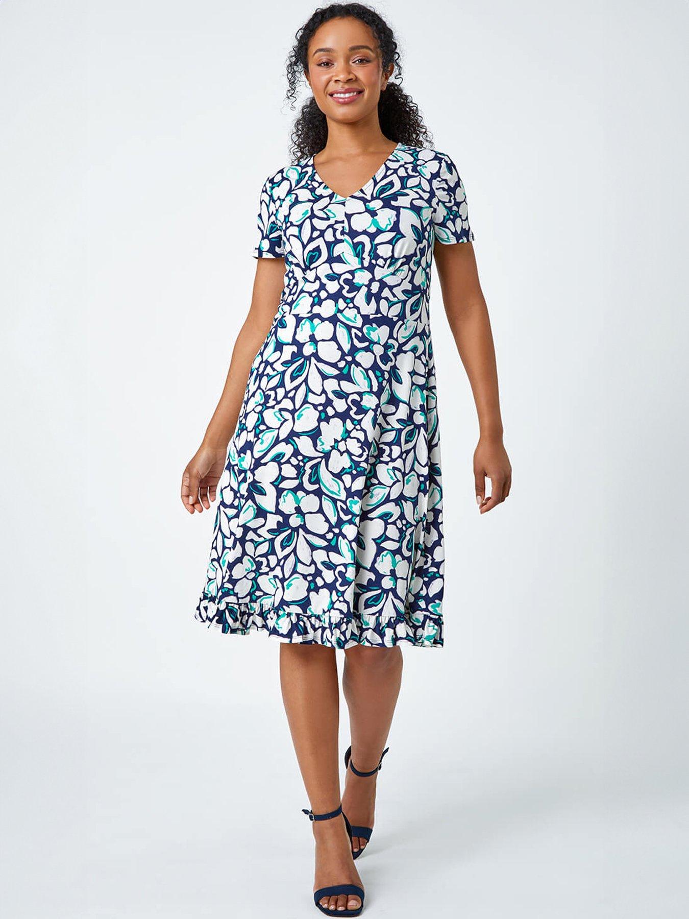 Image 3 of 5 of Roman Petite Floral Frill Hem Stretch Dress
