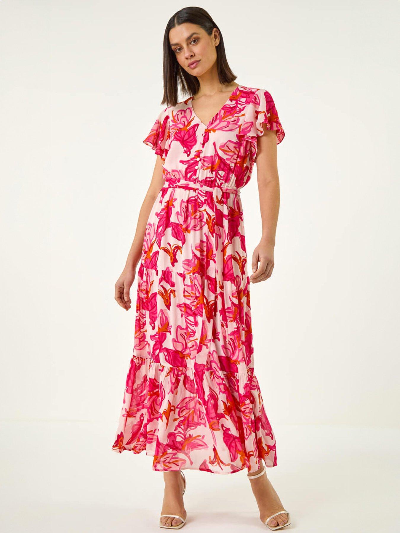 Roman Floral Tiered Tie Waist Midi Dress