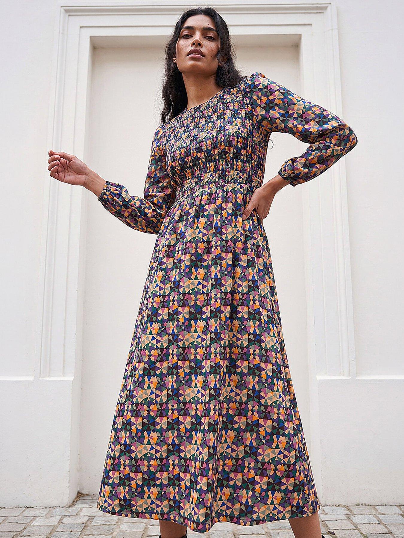 Roman Geometric Print Shirred Midi Dress
