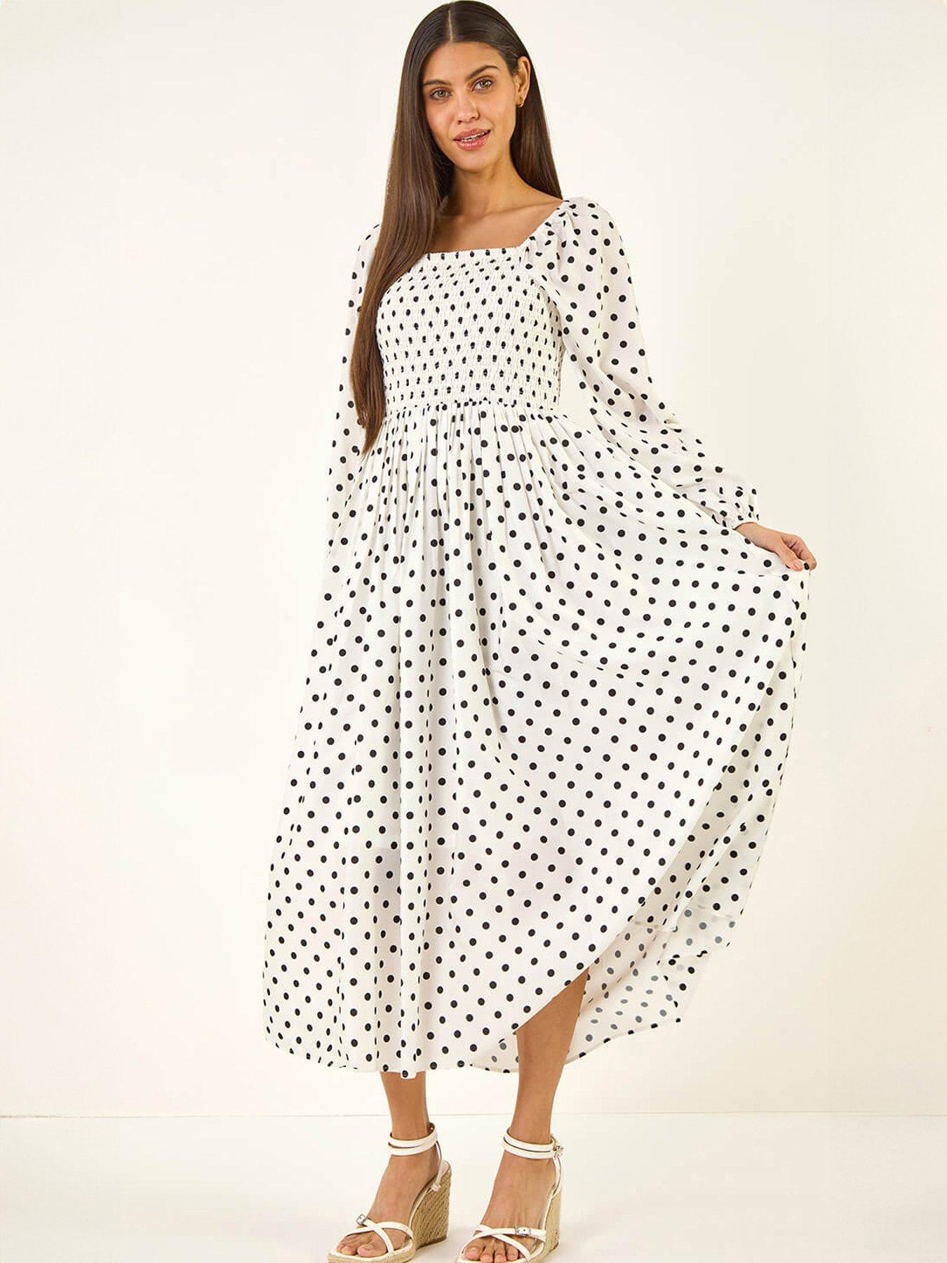 Roman Spot Shirred Midi Dress