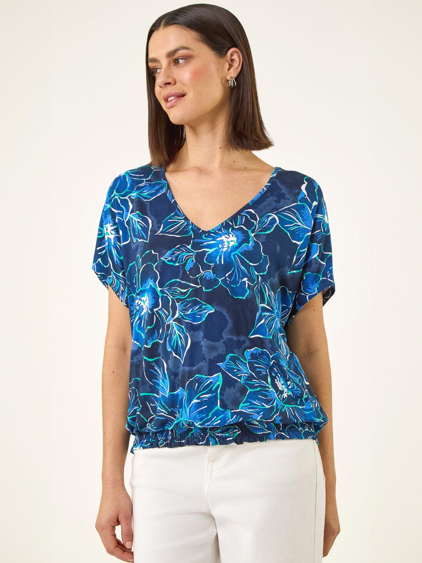 Image 1 of 5 of Roman Floral Print V-neck Stretch Top