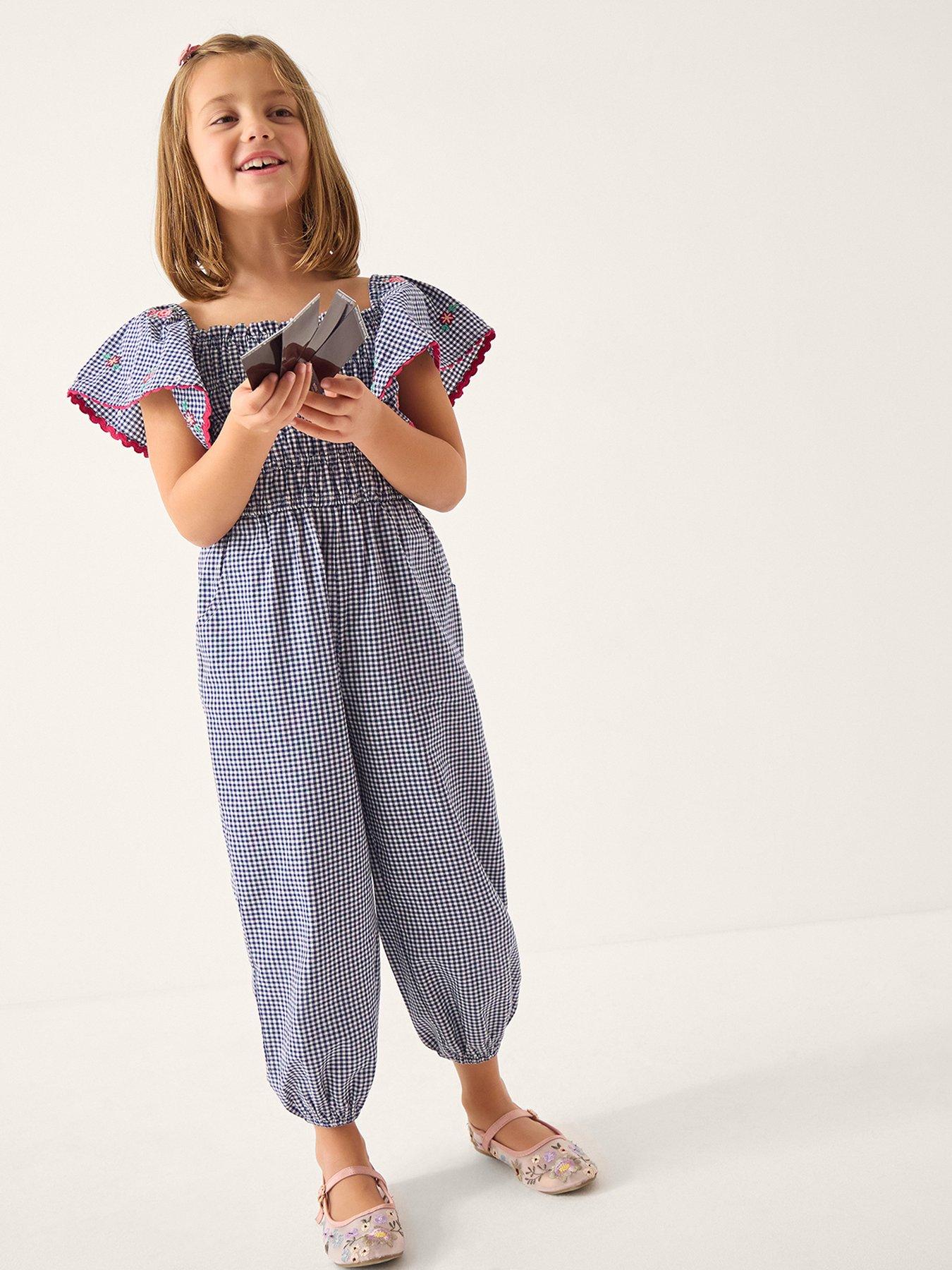 Monsoon Girls Gingham Shirred Jumpsuit - Navy