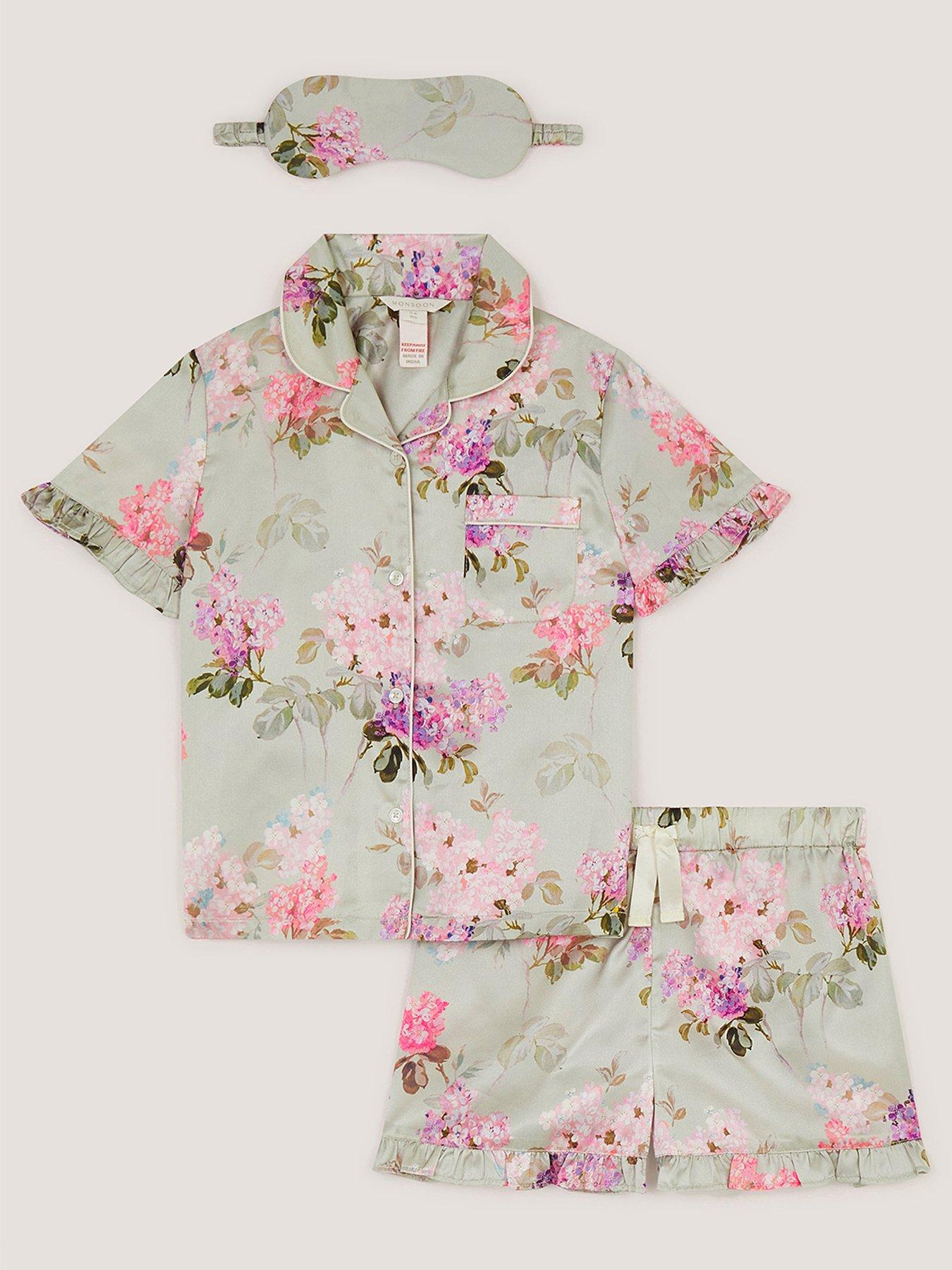Monsoon Girls Satin Short Print Pyjamas - Green