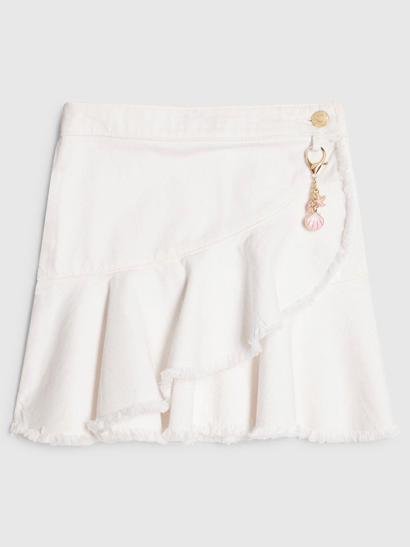 Image 1 of 4 of River Island Older Girls Asymmetric Keychain Denim Skirt - White