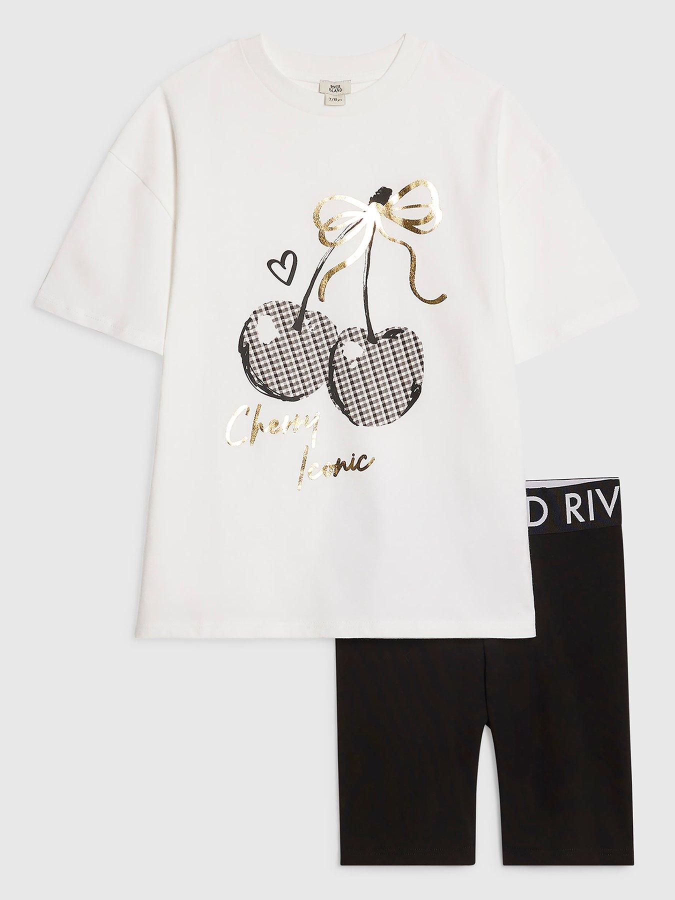 Image 1 of 5 of River Island Older Girls Cherry T-Shirt Cycle Shorts Set - White