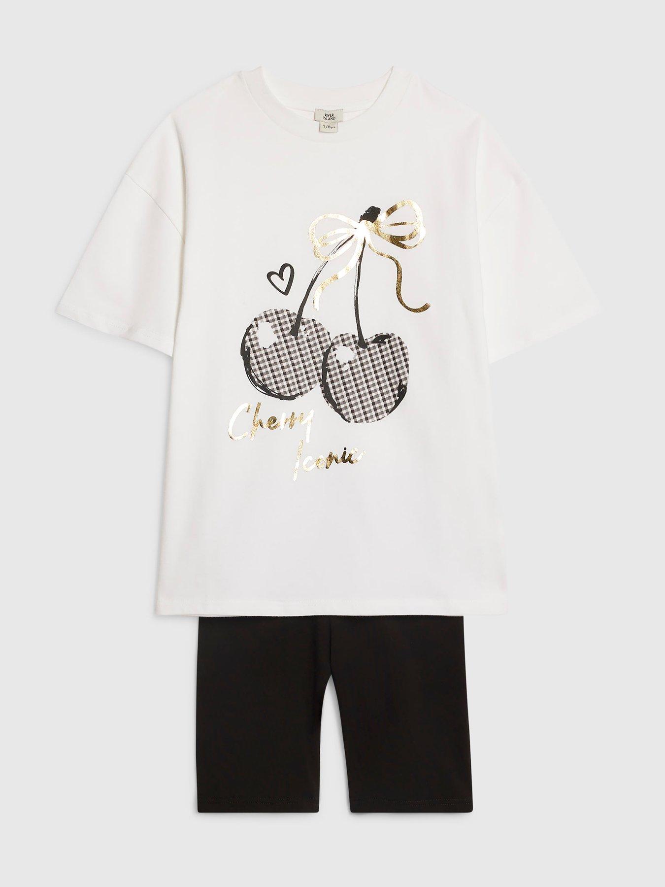 Image 3 of 5 of River Island Older Girls Cherry T-Shirt Cycle Shorts Set - White