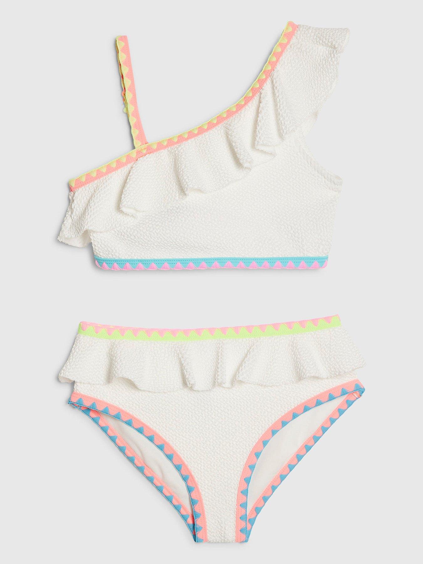 River Island Older Girls Asymmetric Neon Whipstitch Bikini - White