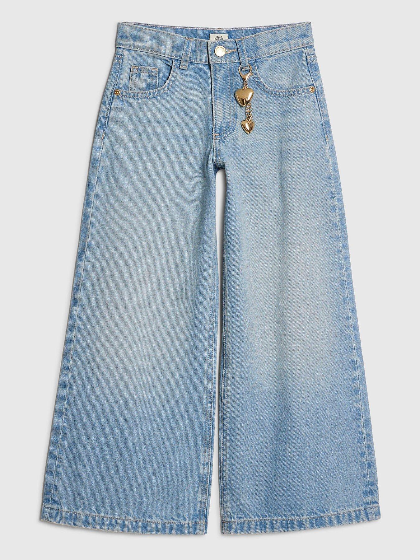 River Island Older Girls Wide Leg Heart Keyring Jeans - Blue