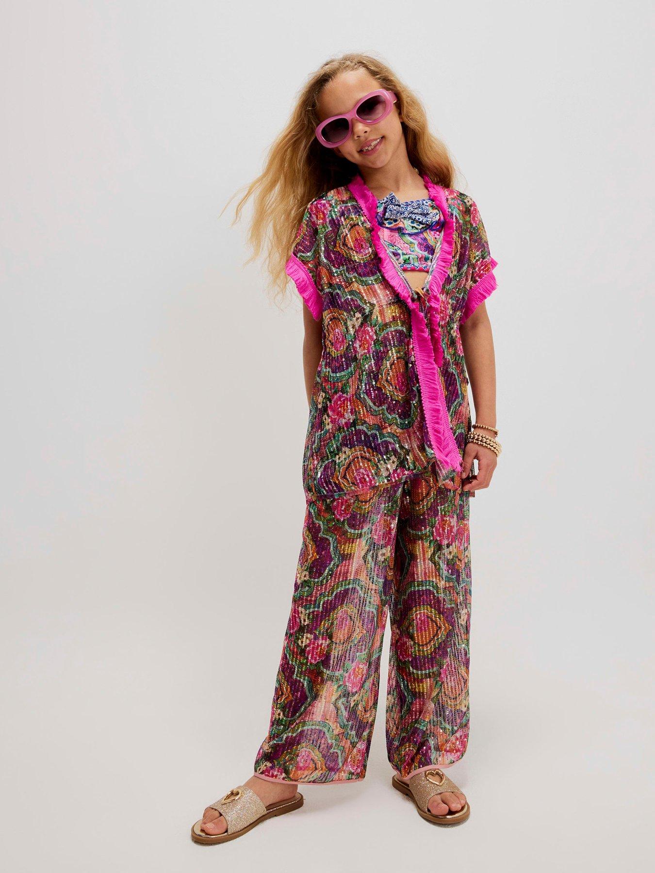 River Island Older Girls Del Maar Floral Sequin Tassel Trim Kaftan - Purple
