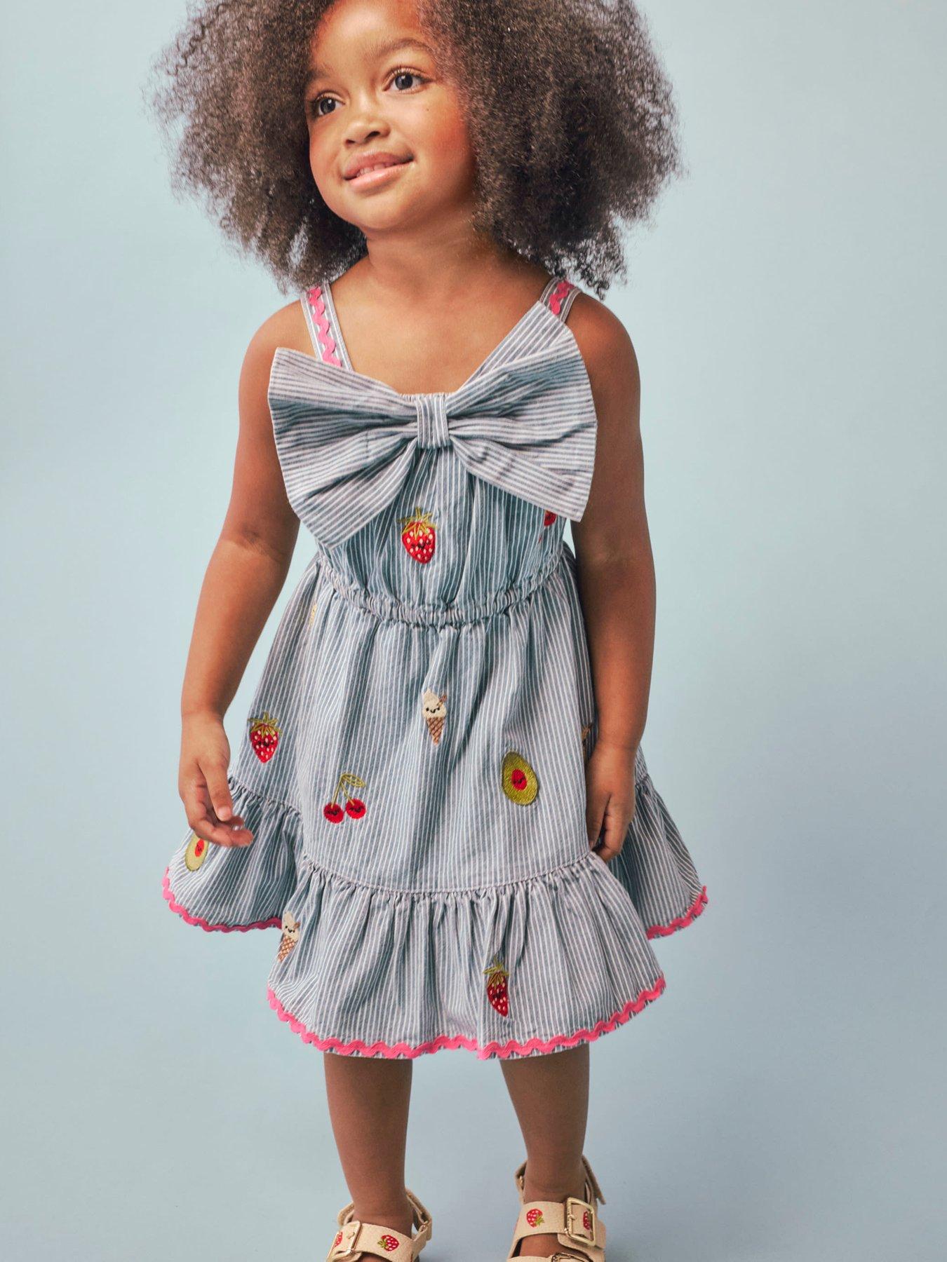 River Island Mini Girls Stripe Embroidered Bow Fruit Print Dress - Blue