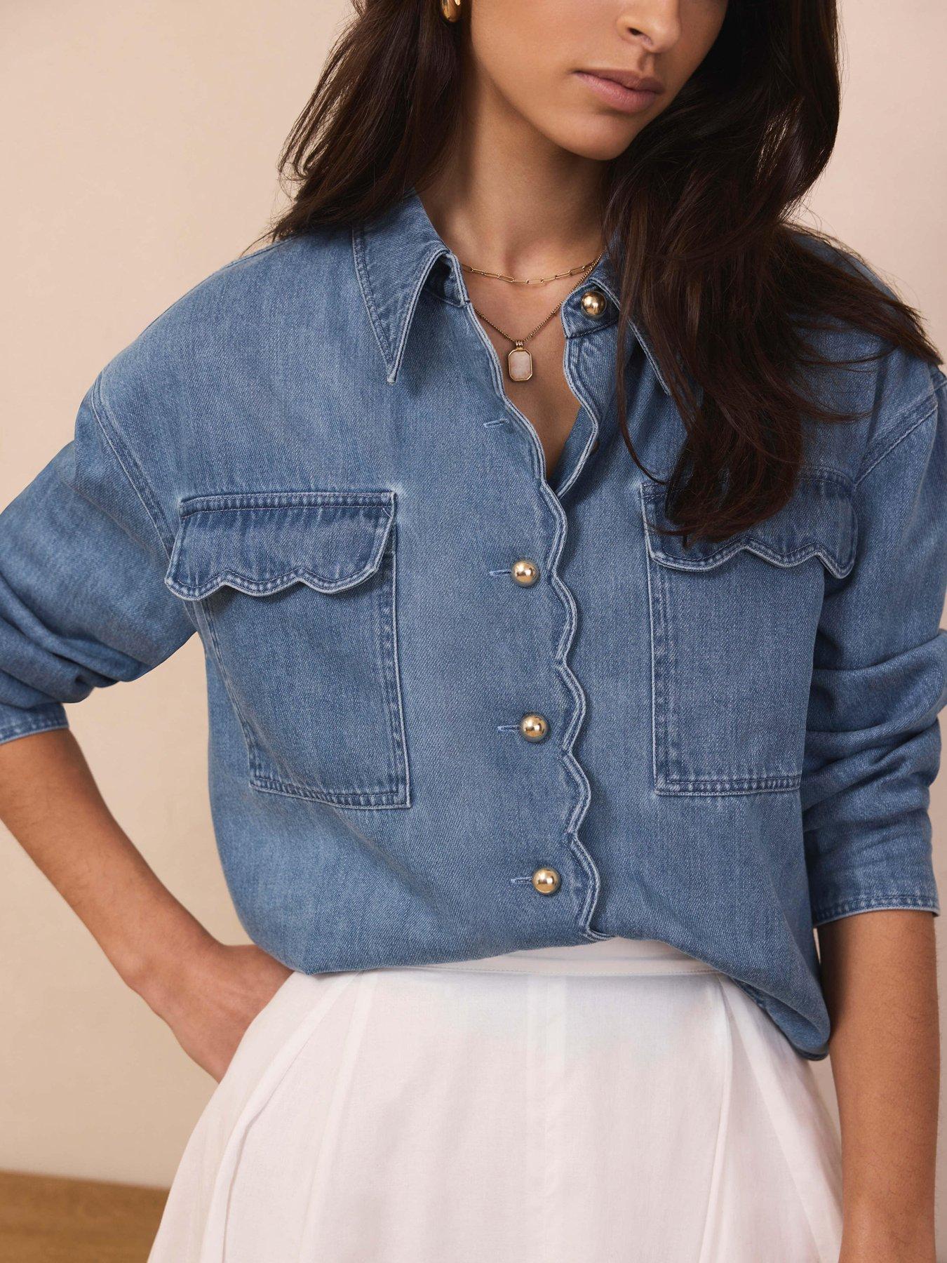 Image 4 of 6 of Mint Velvet Indigo Denim Scallop Top - Blue