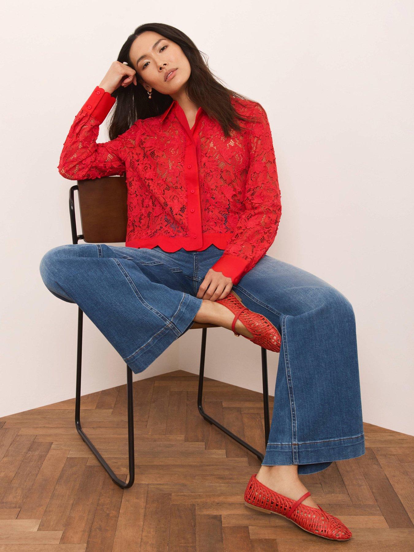 Mint Velvet Lace Crop Shirt with Scalloped Hem - Red