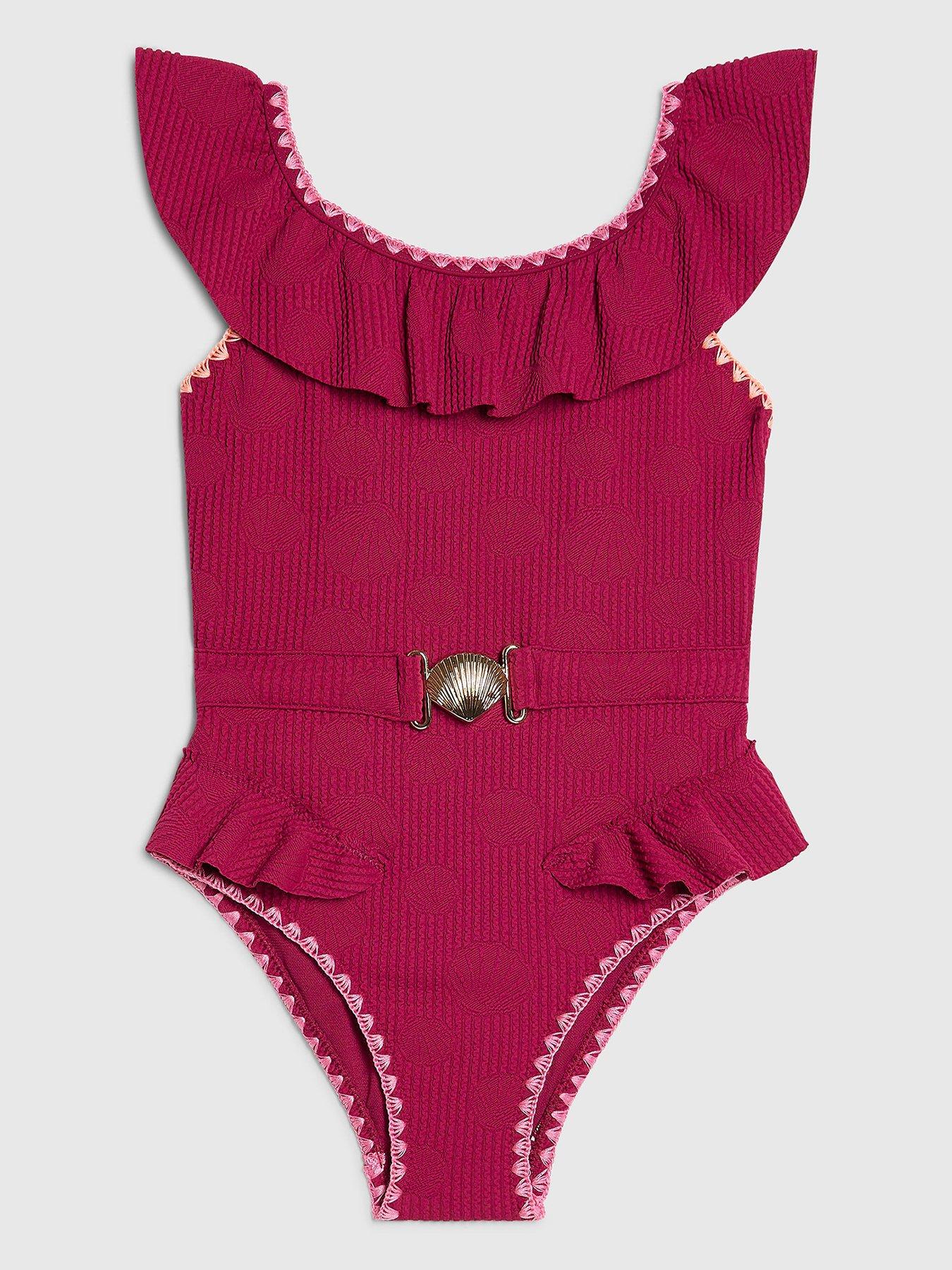 River Island Older Girls Shell Textured Belt Swimsuit - Pink