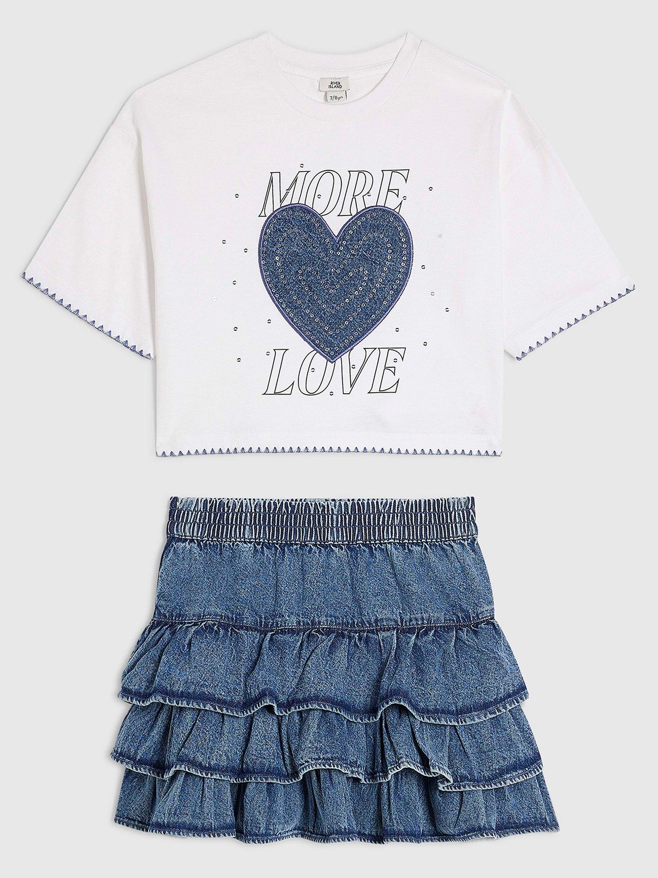 River Island Older Girls More Love T-Shirt And Denim Skirt Set - Blue