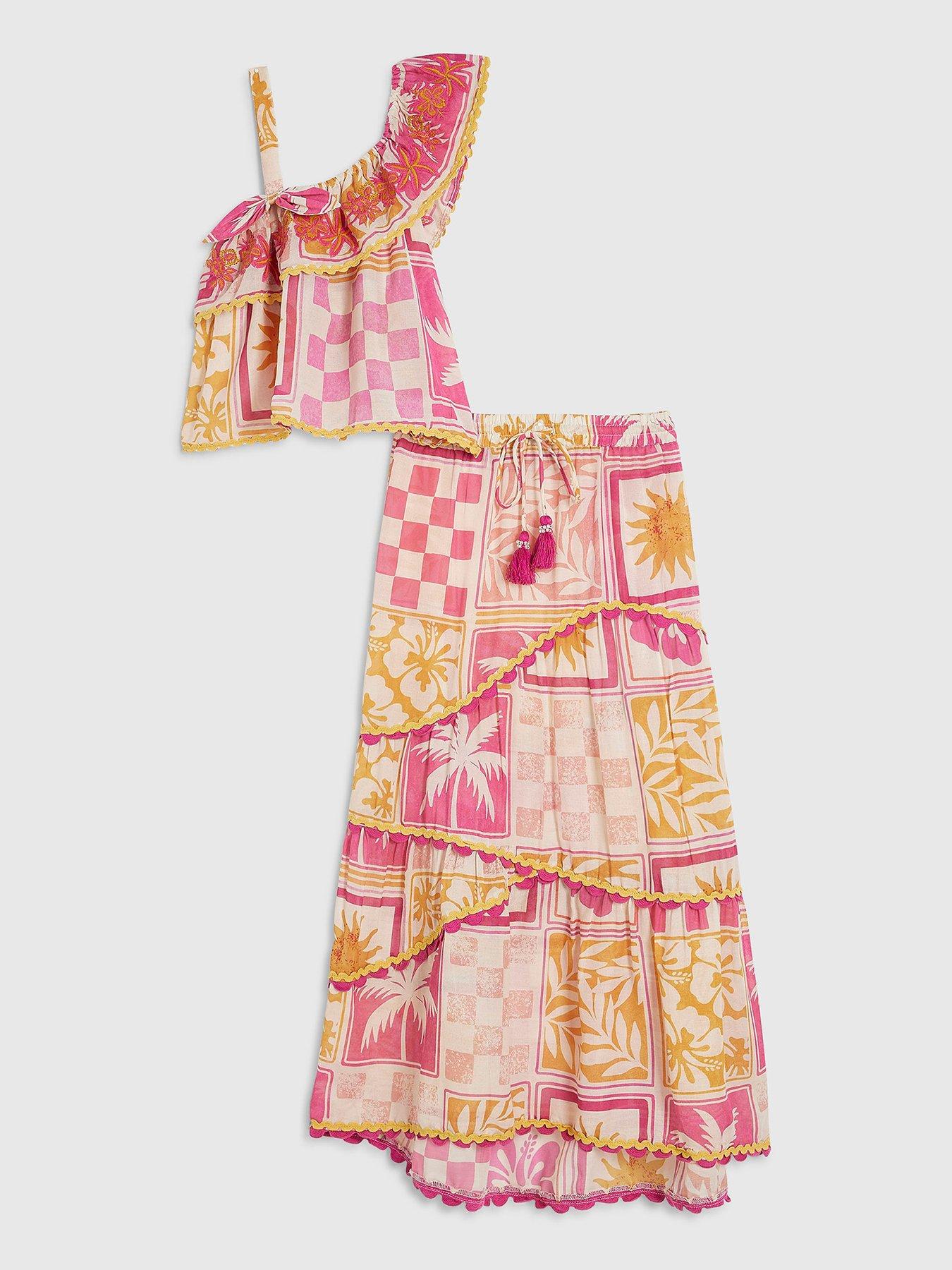 Image 1 of 5 of River Island Older Girls Postcard Top And Maxi Skirt Set - Pink