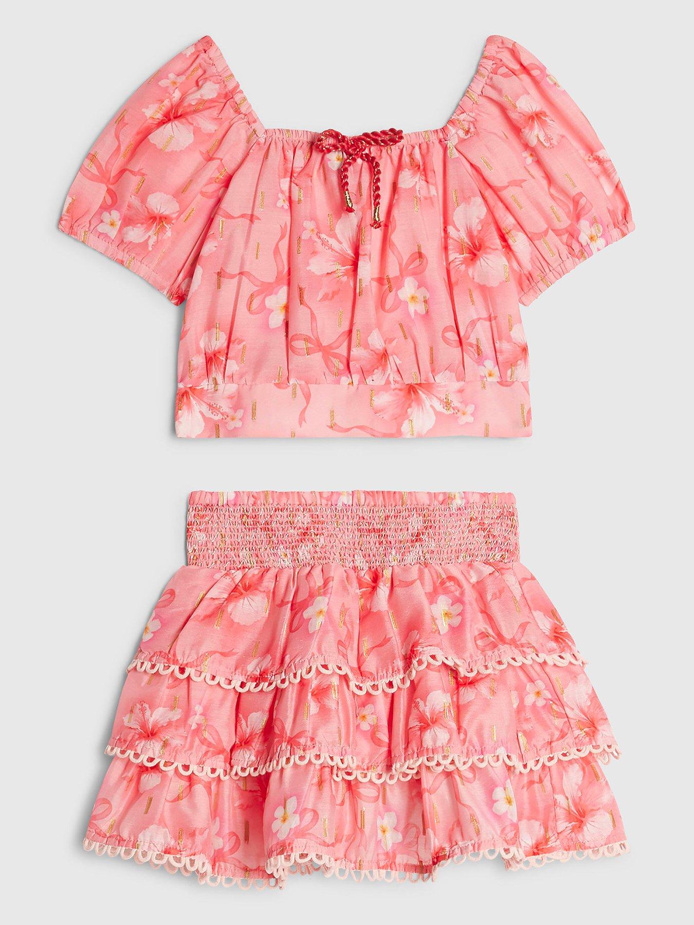 River Island Mini Girls Hibiscus Bow Skirt Set - Pink