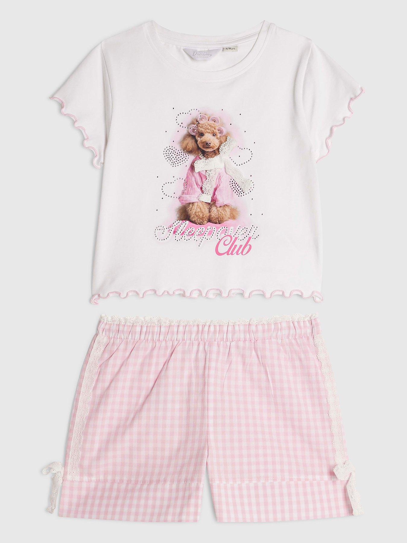 Image 1 of 4 of River Island Older Girls Puppy Gingham Pyjamas - White