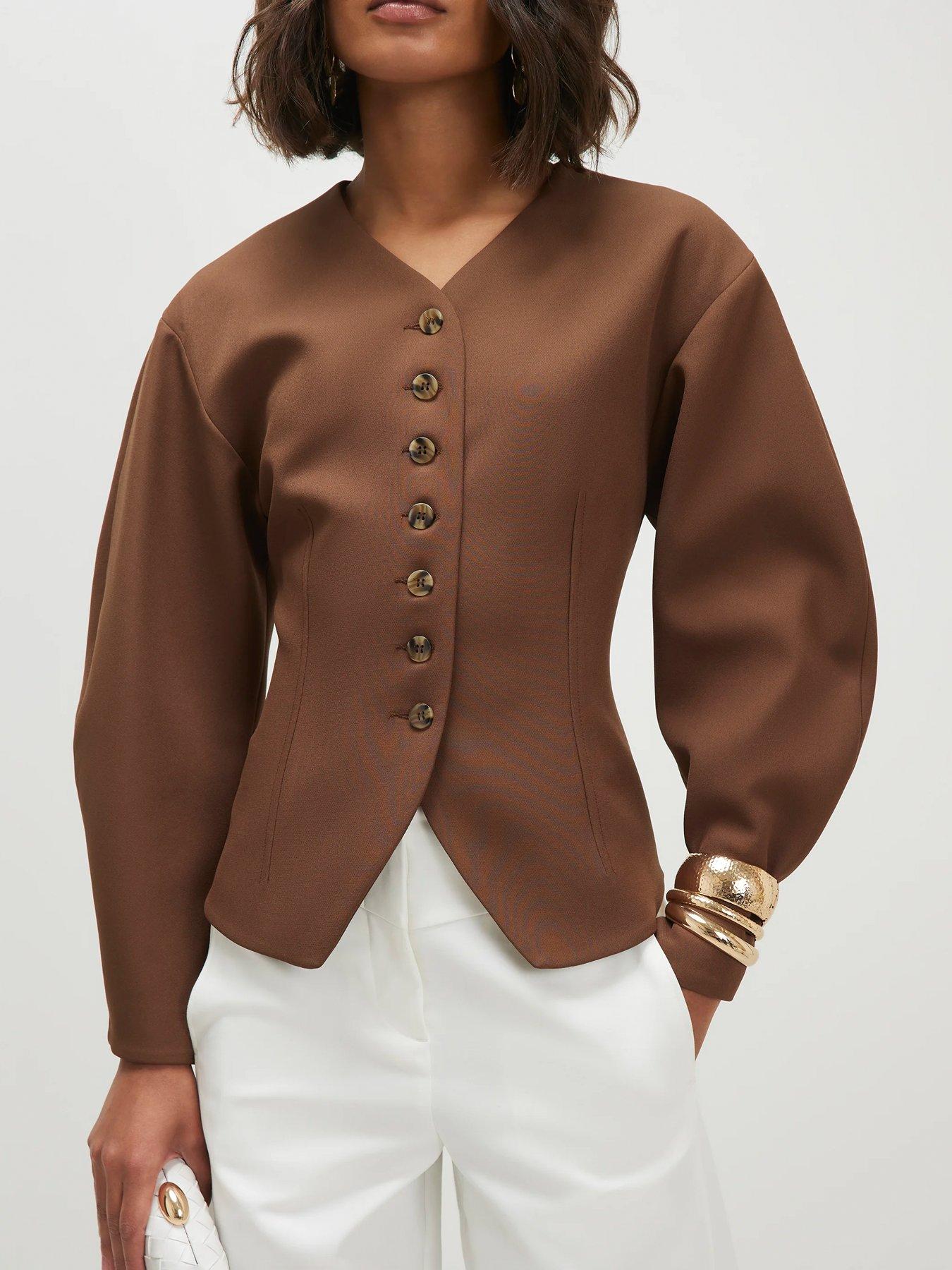 River Island Long Balloon Sleeve Button Up Jacket - Beige
