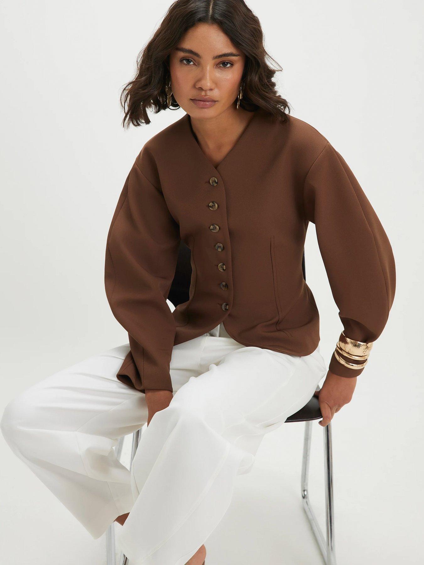 Image 3 of 3 of River Island Long Balloon Sleeve Button Up Jacket - Beige