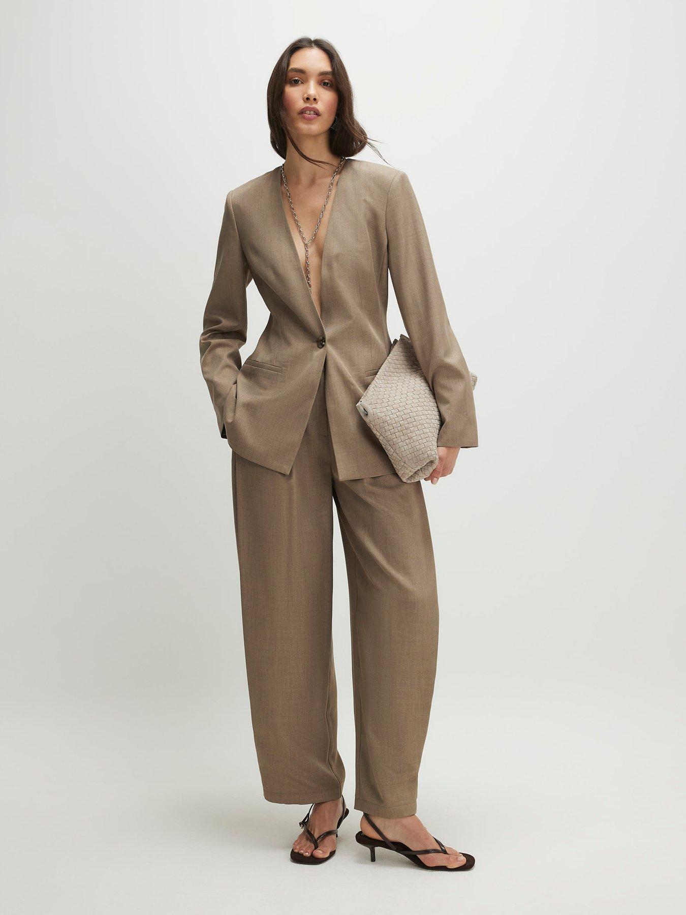 Image 1 of 6 of River Island Cross Hatch Barrel Trousers - Beige