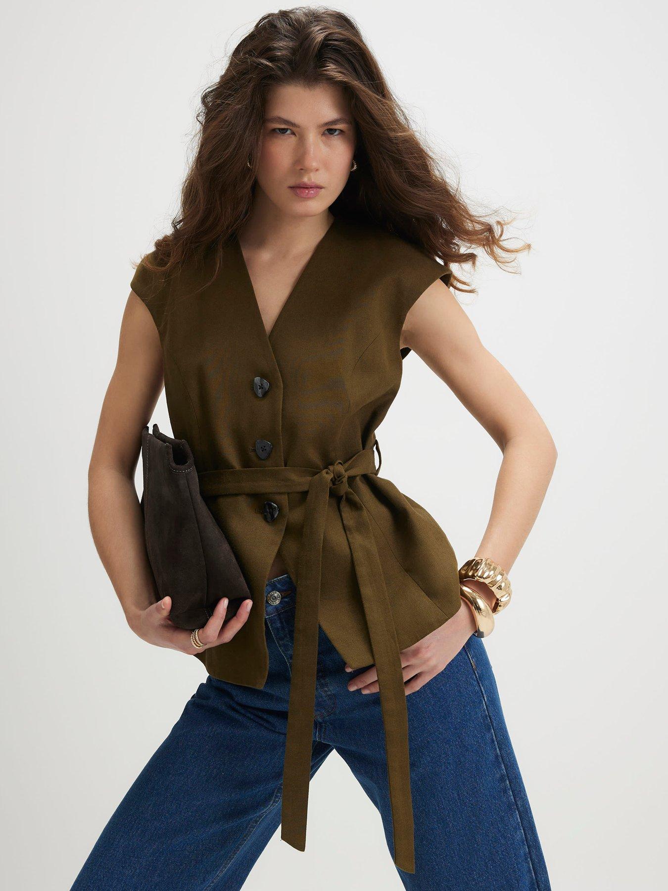 River Island Short Sleeve Linen Tie Waist Top - Green
