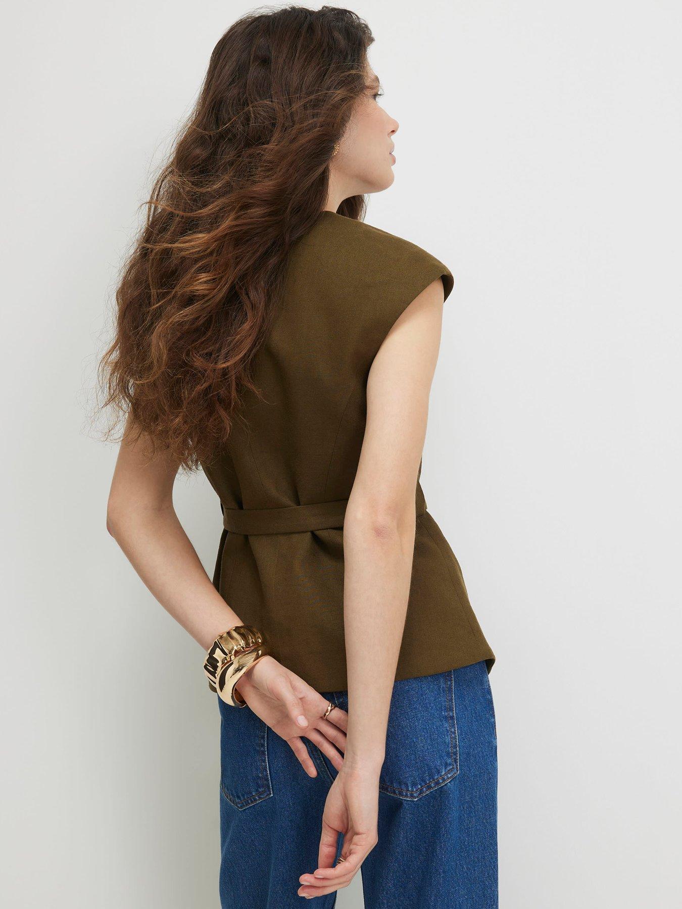 Image 2 of 6 of River Island Short Sleeve Linen Tie Waist Top - Green