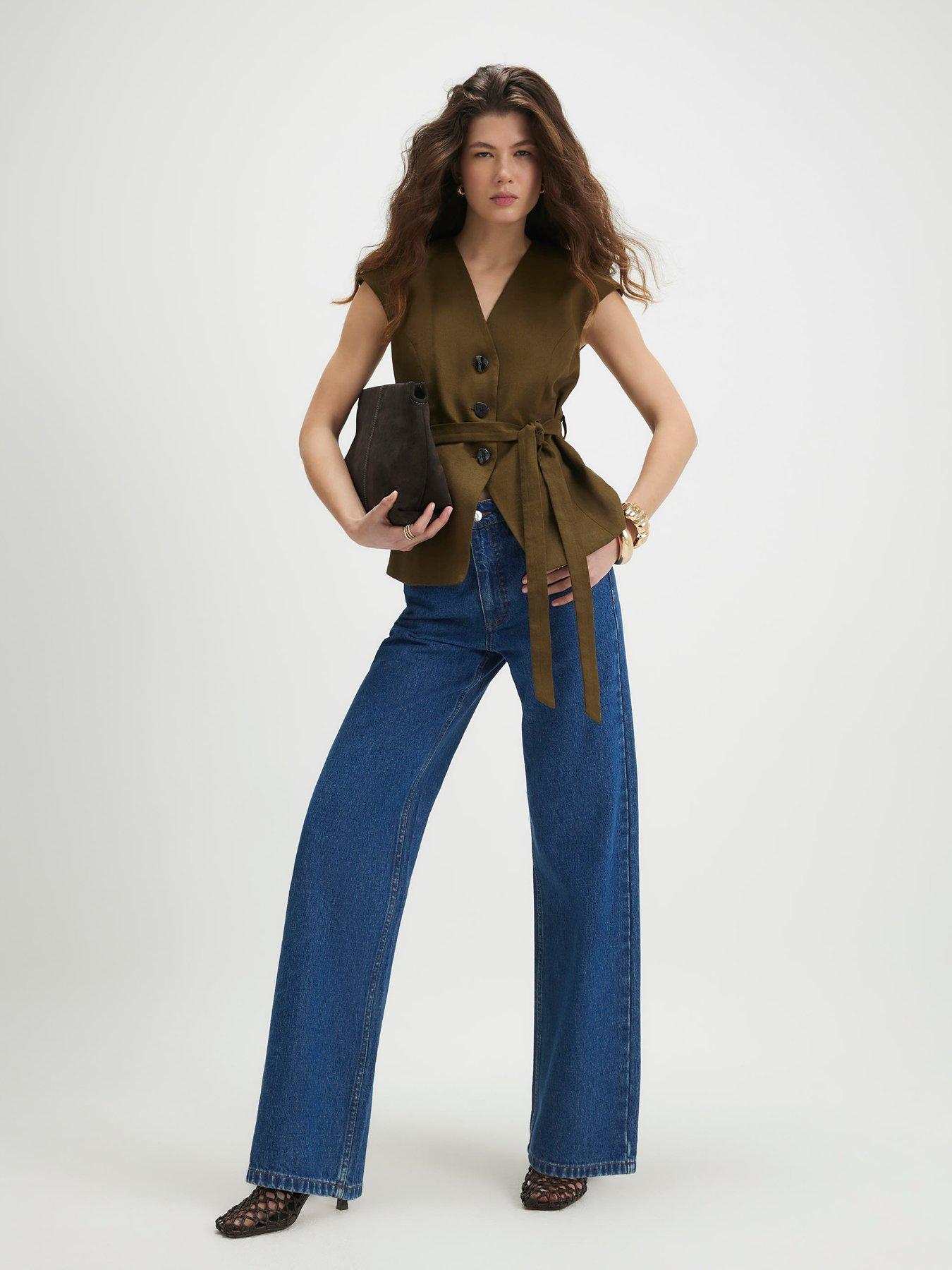 Image 3 of 6 of River Island Short Sleeve Linen Tie Waist Top - Green