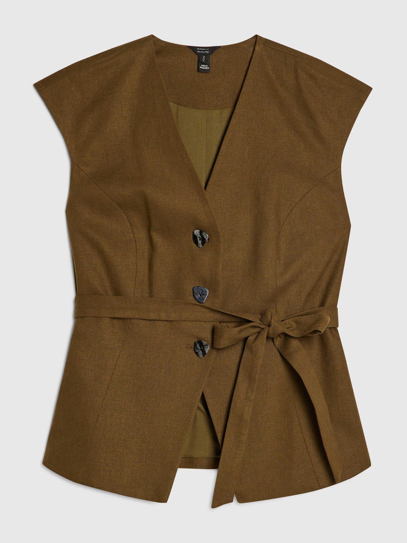 Image 5 of 6 of River Island Short Sleeve Linen Tie Waist Top - Green