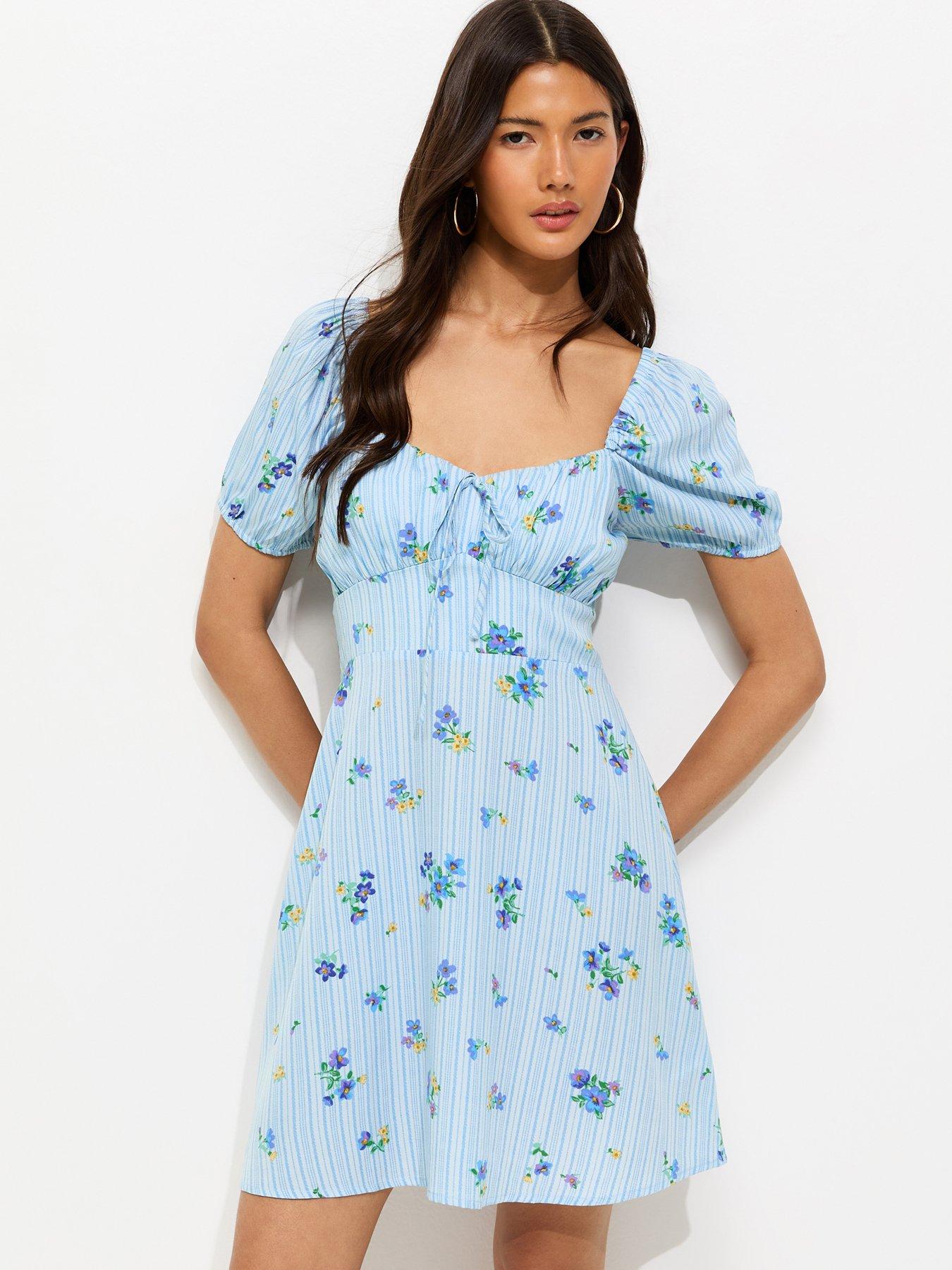 New Look Crepe Striped Floral Print Milkmaid Mini Dress - Blue