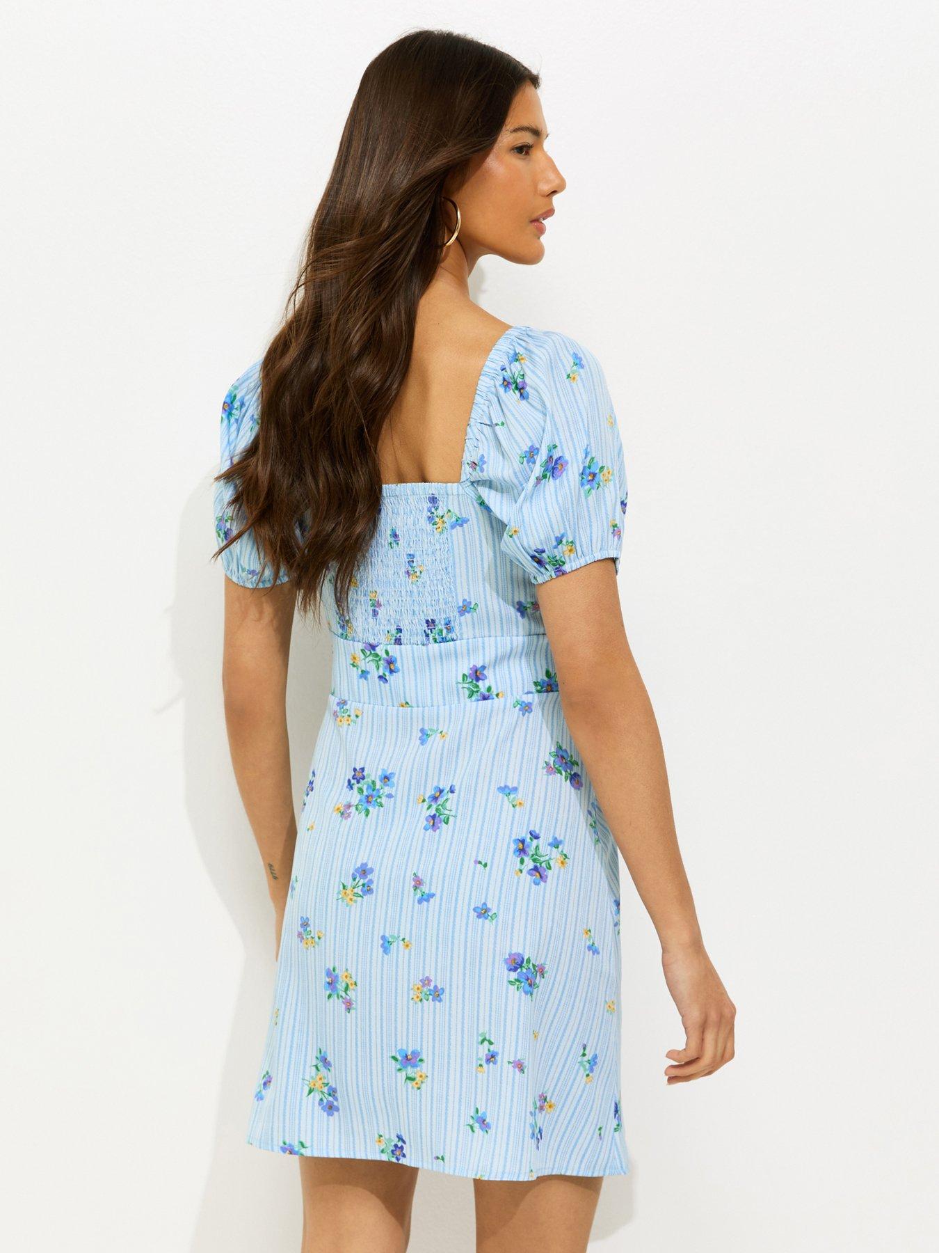 New Look Crepe Striped Floral Print Milkmaid Mini Dress - Blue | Littlewoods