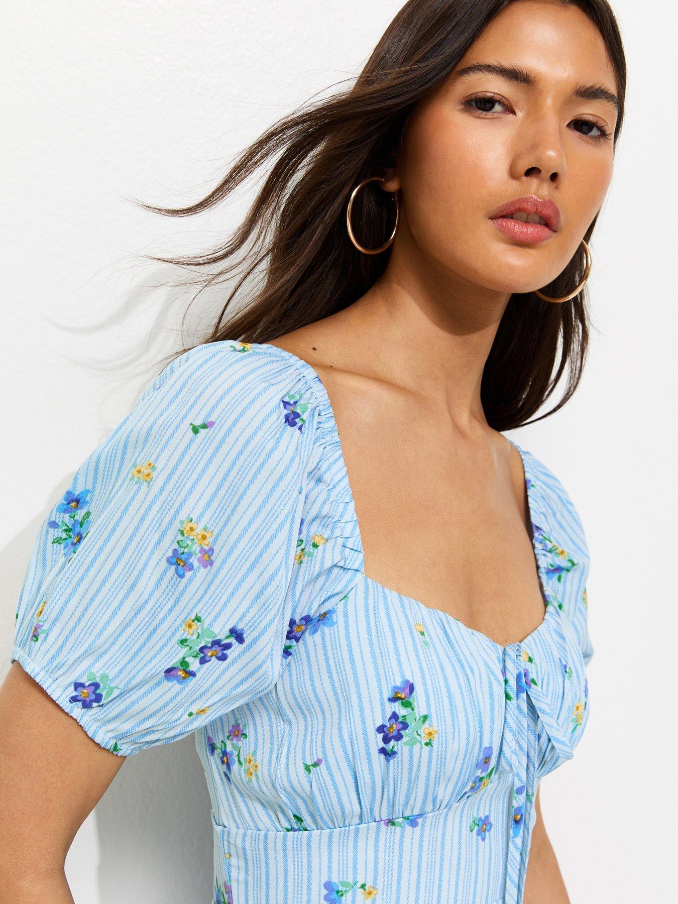 New Look Crepe Striped Floral Print Milkmaid Mini Dress - Blue | Littlewoods