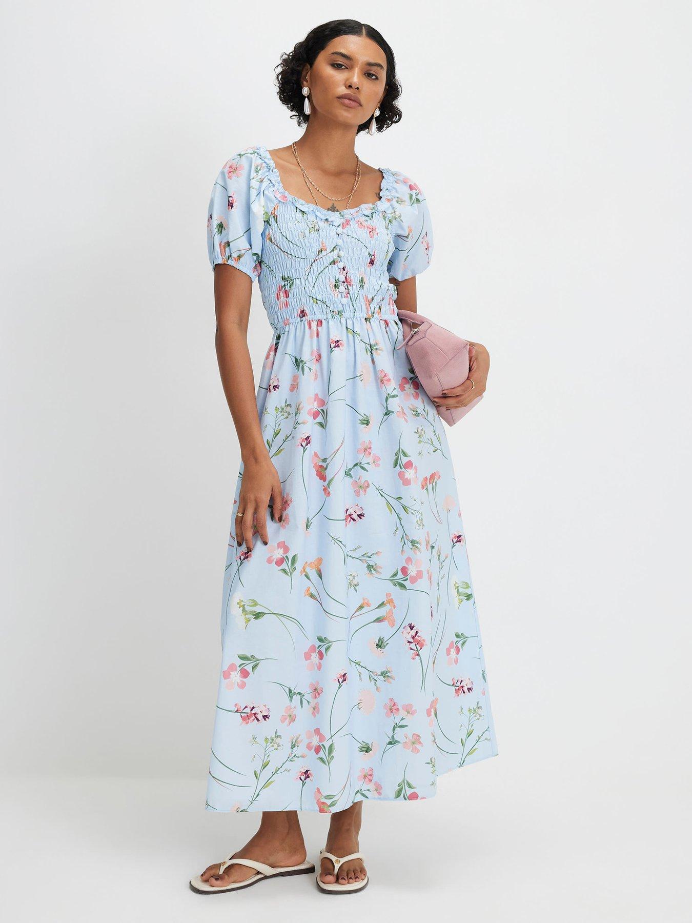 River Island Shirred Midi Dress - Blue