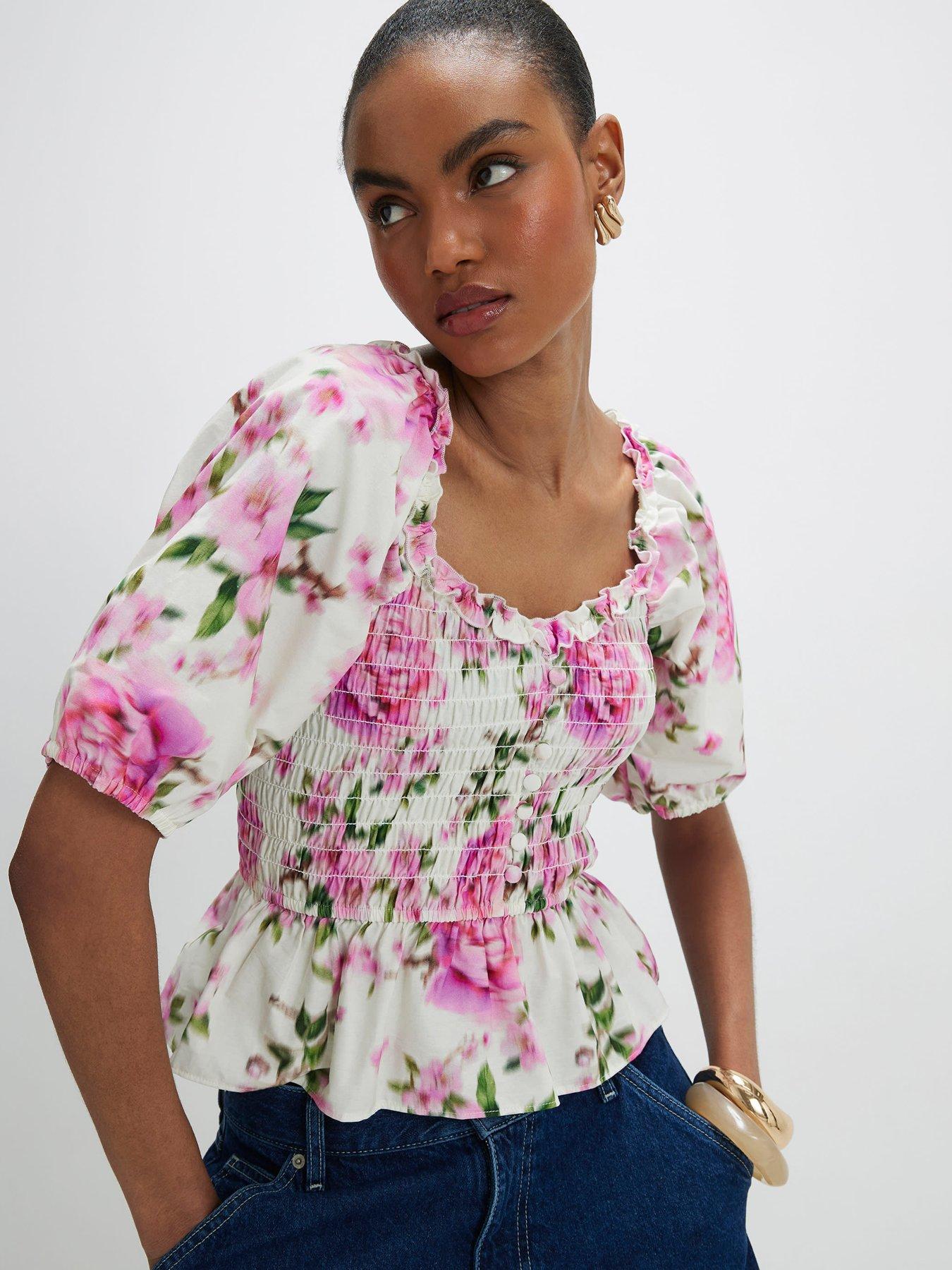 River Island Puff Slv Shirred Top - White