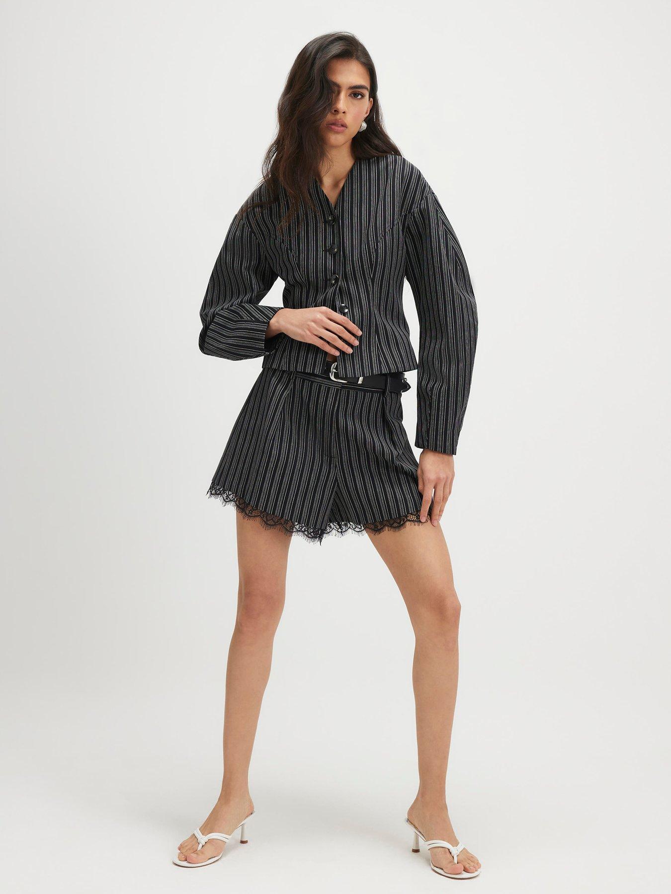 River Island Pinstripe Lace Trim Belted Short - Black