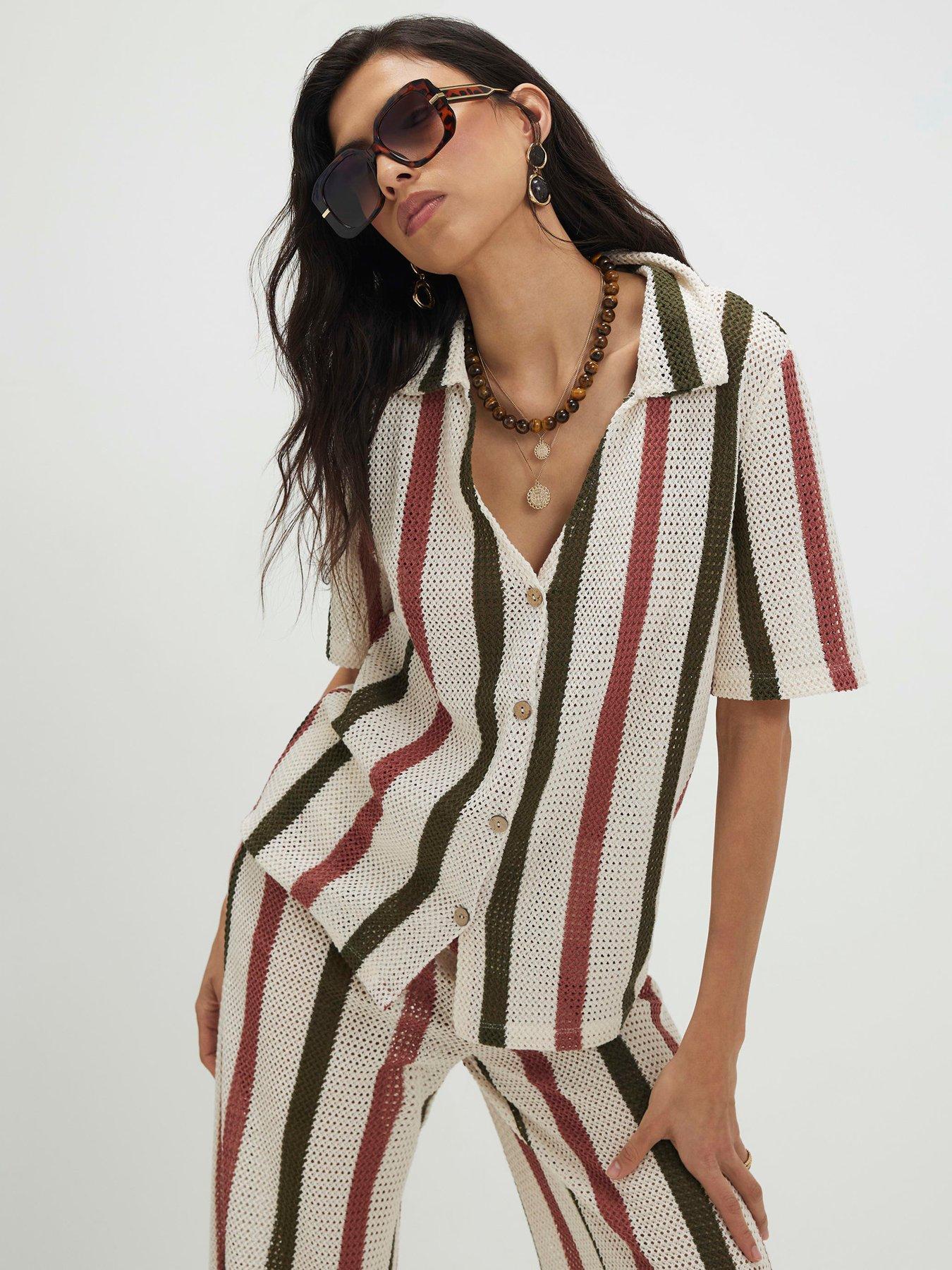River Island Cream Ss Crochet Stripe Shirt Co-ord